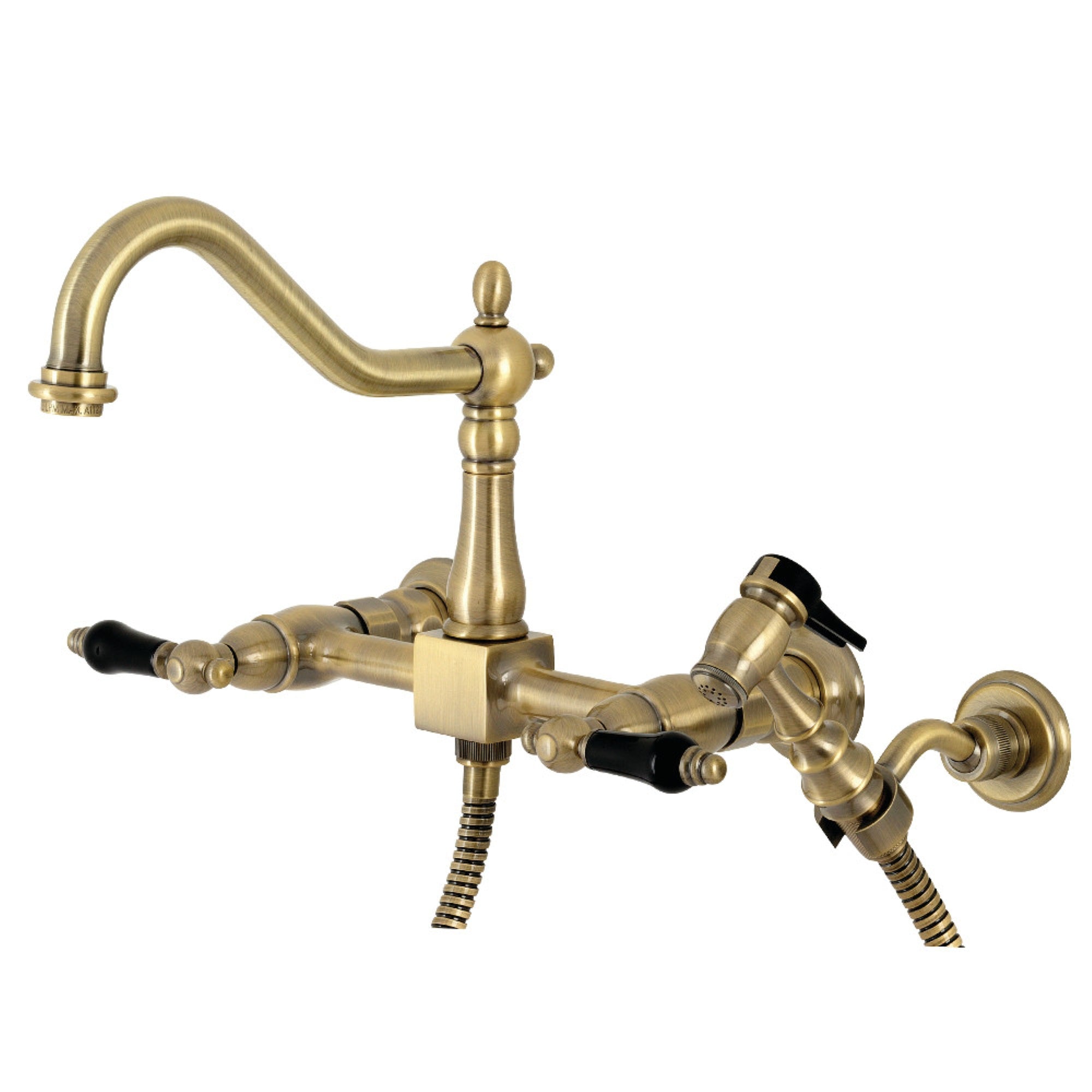 Kingston Brass Ks1243Pklbs Duchess Two-Handle Wall Mount Bridge Kitchen Faucet With Brass Sprayer, Vintage Brass