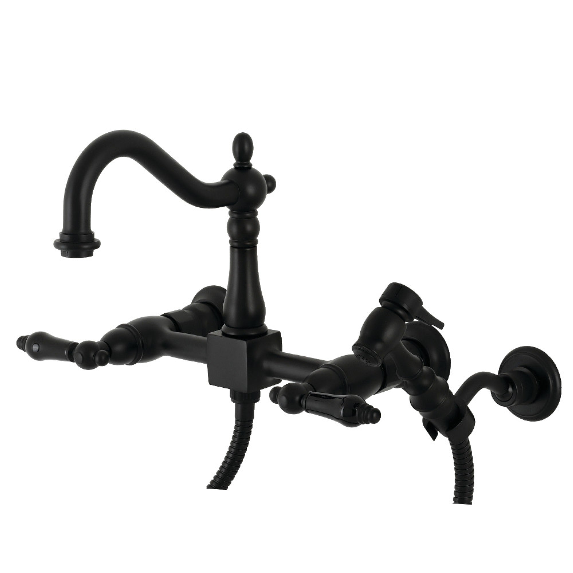 Kingston Brass Ks1260Pklbs Duchess Wall Mount Bridge Kitchen Faucet With Brass Sprayer, Matte Black