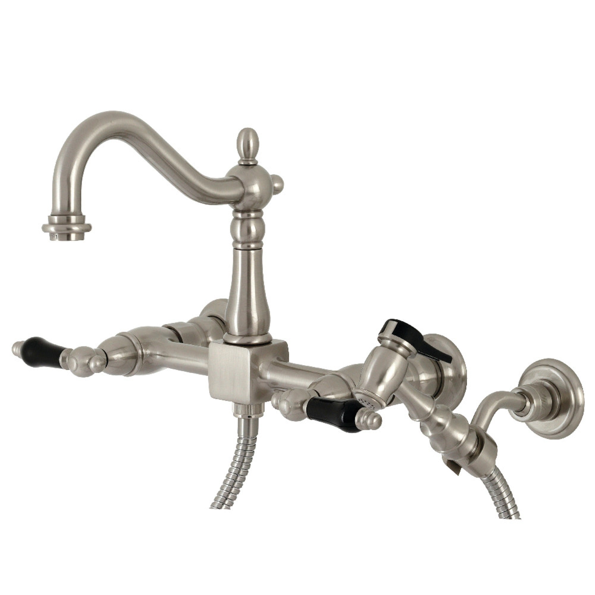 Kingston Brass Ks1268Pklbs Duchess Wall Mount Bridge Kitchen Faucet With Brass Sprayer, Brushed Nickel