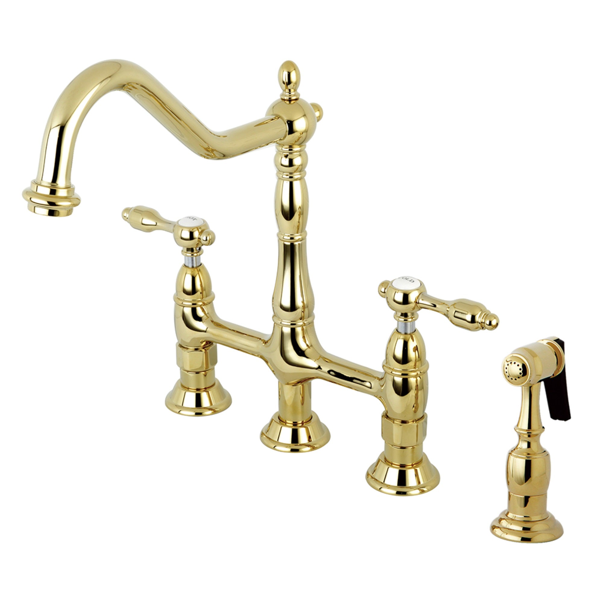 Kingston Brass Ks1272Talbs Bridge Kitchen Faucet With Brass Sprayer, Polished Brass