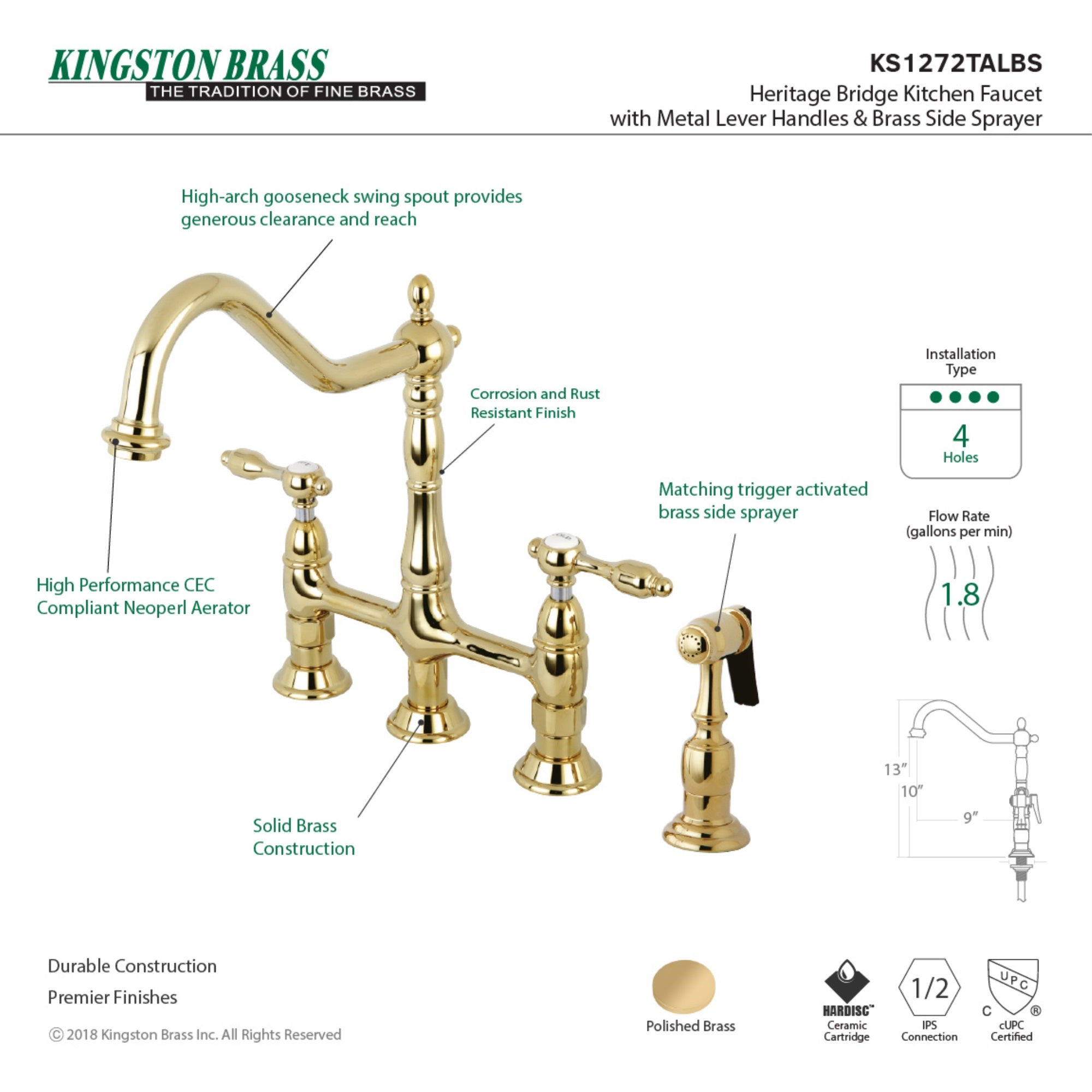 Kingston Brass KS1272TALBS Bridge Kitchen Faucet with Brass Sprayer  Polished Brass