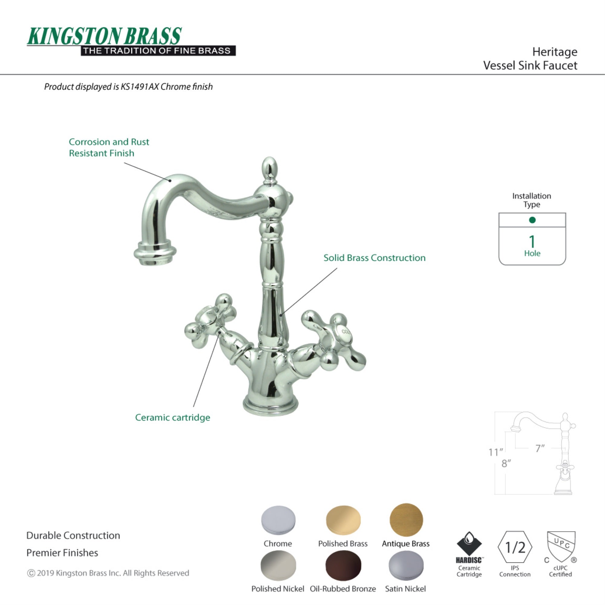 Kingston Brass Ks1496Ax Vessel Sink Faucet, Polished Nickel