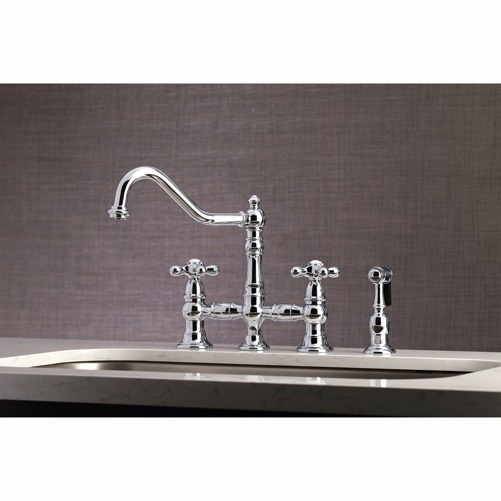 Kingston Brass KS3271AXBS Restoration 8'' Bridge Kitchen Faucet with Sprayer  Polished Chrome