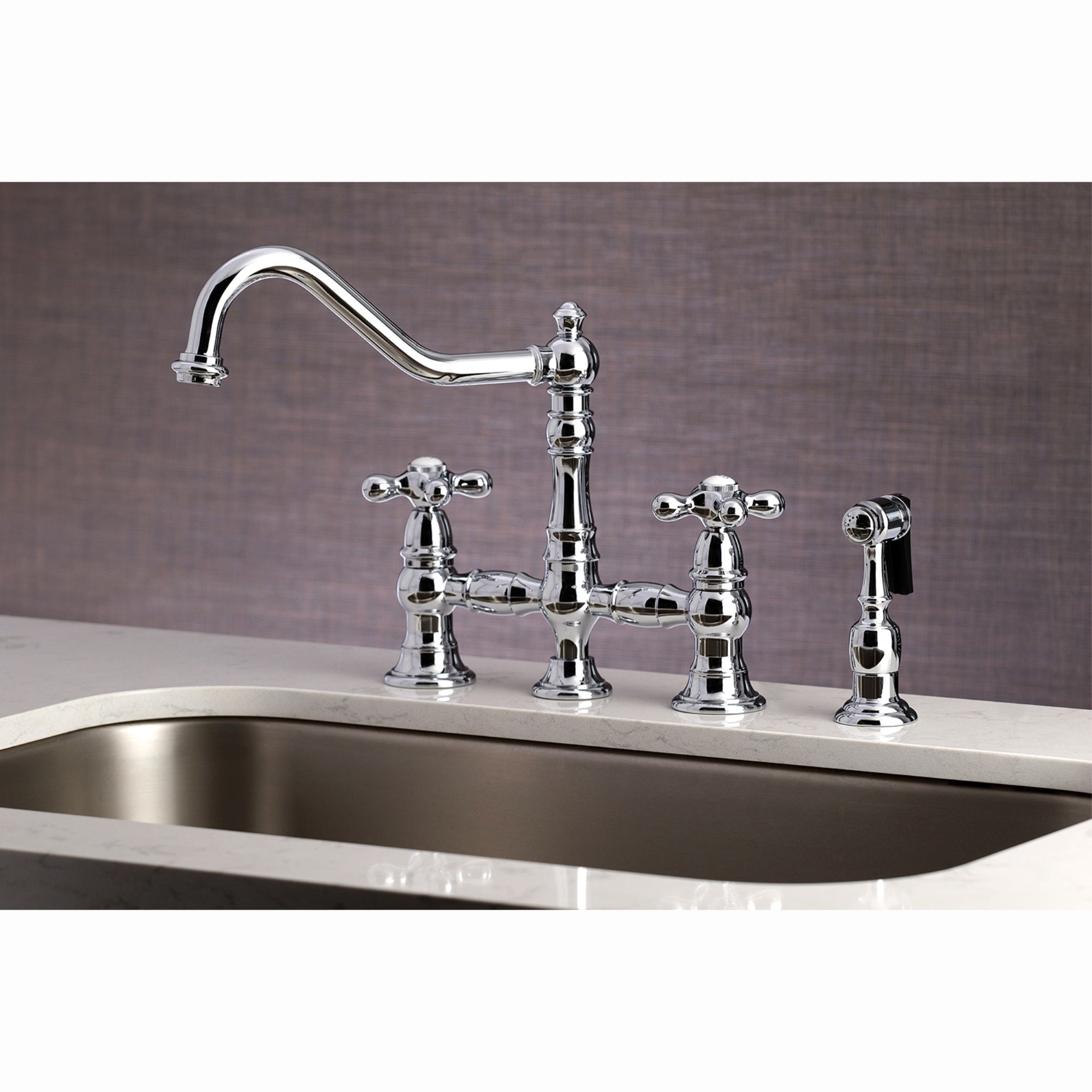 Kingston Brass KS3271AXBS Restoration 8'' Bridge Kitchen Faucet with Sprayer  Polished Chrome