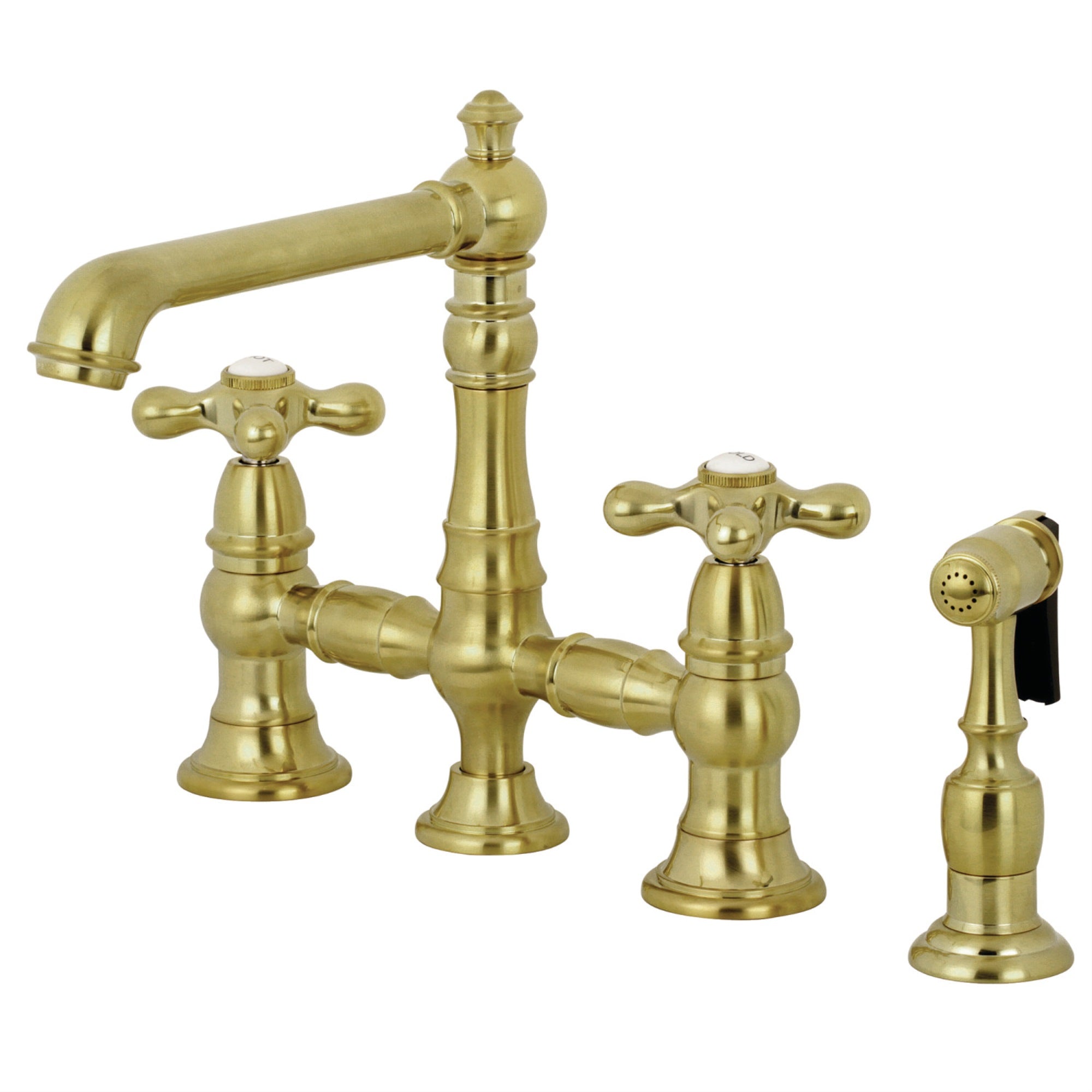 Kingston Brass Ks7277Axbs English Country 8'' Bridge Kitchen Faucet With Sprayer, Brushed Brass