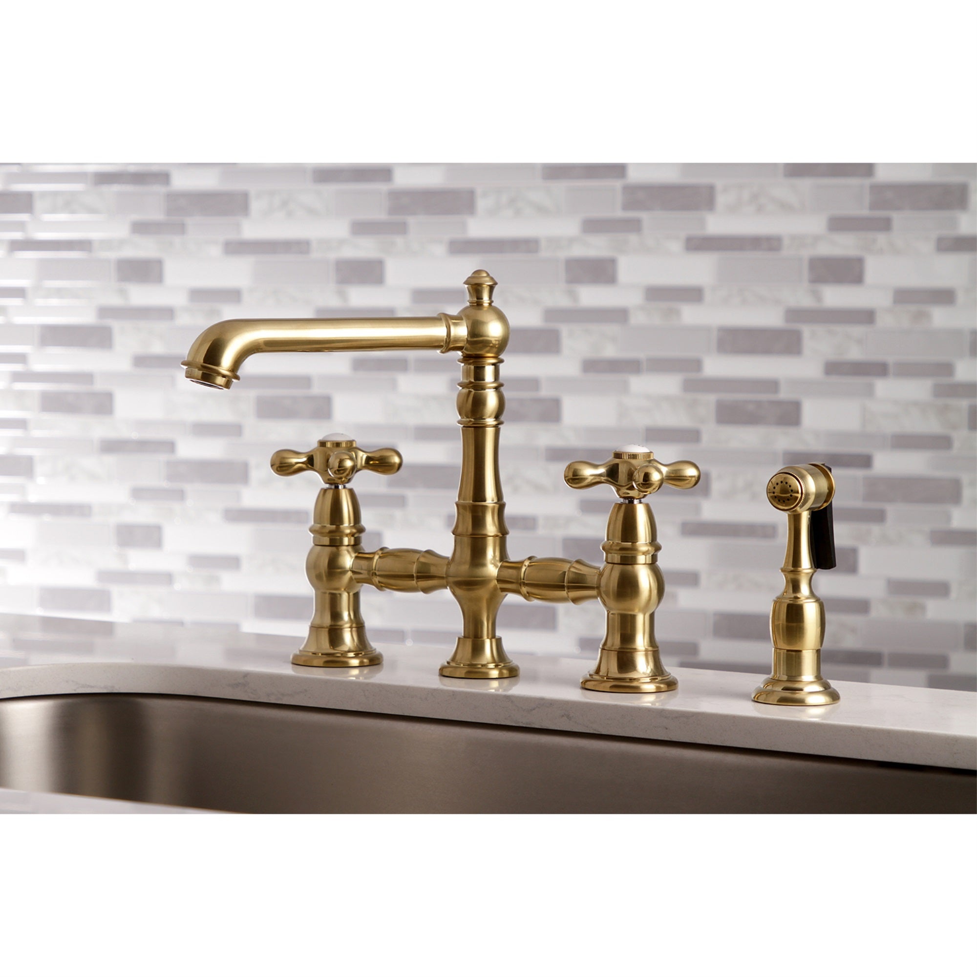 Kingston Brass KS7277AXBS English Country 8'' Bridge Kitchen Faucet with Sprayer  Brushed Brass