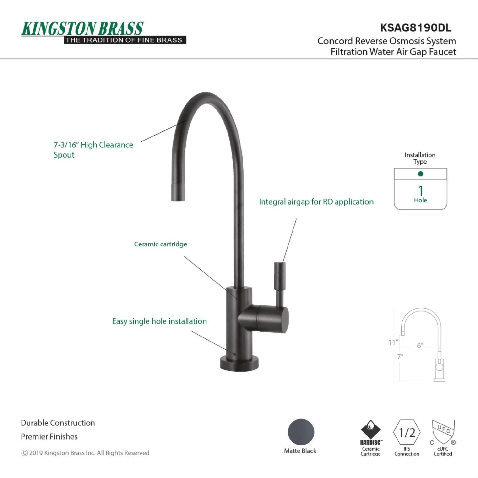 Kingston Brass KSAG8190DL Reverse Osmosis System Filtration Water Air Gap Faucet  Matte Black