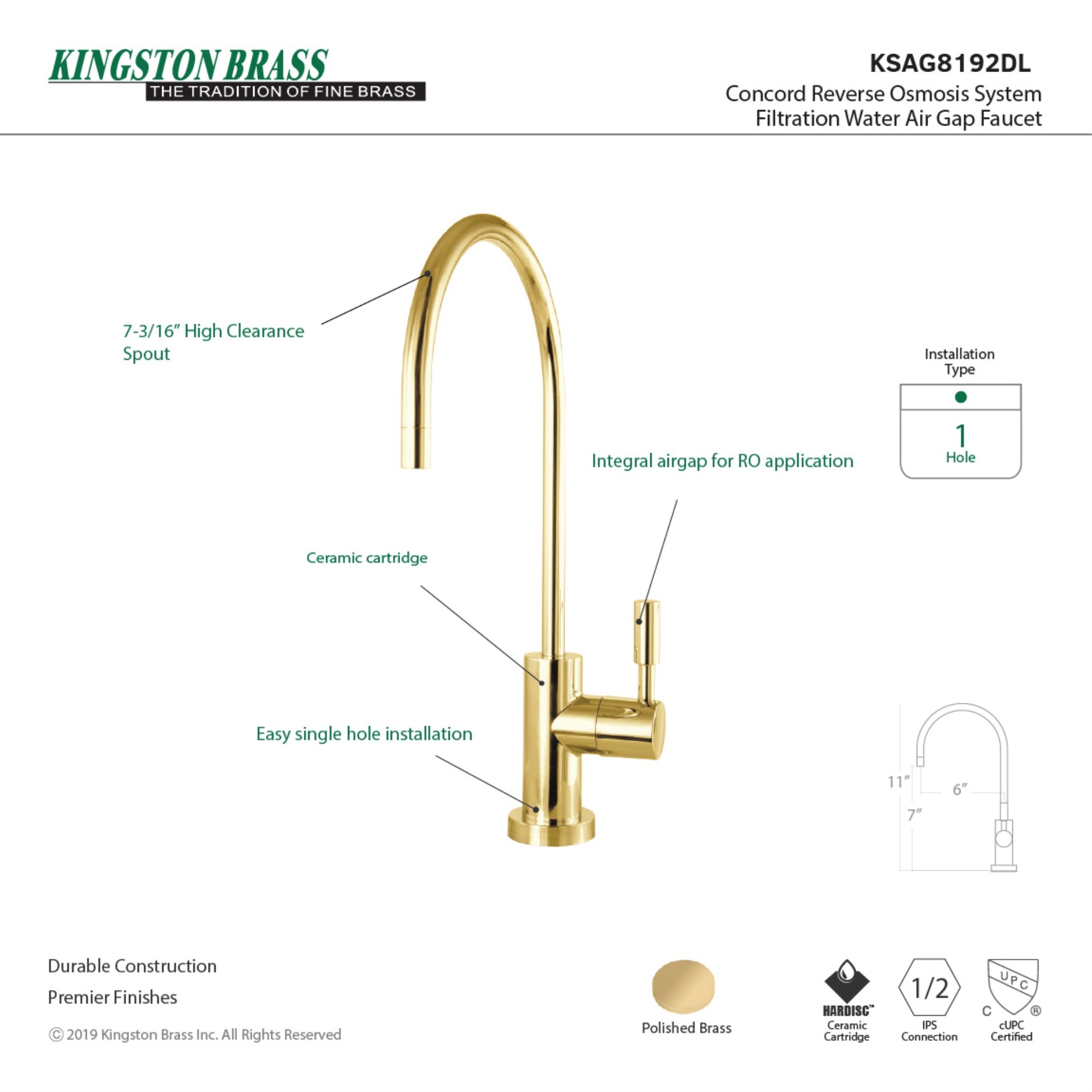 Kingston Brass KSAG8192DL Reverse Osmosis System Filtration Water Air Gap Faucet  Polished Brass