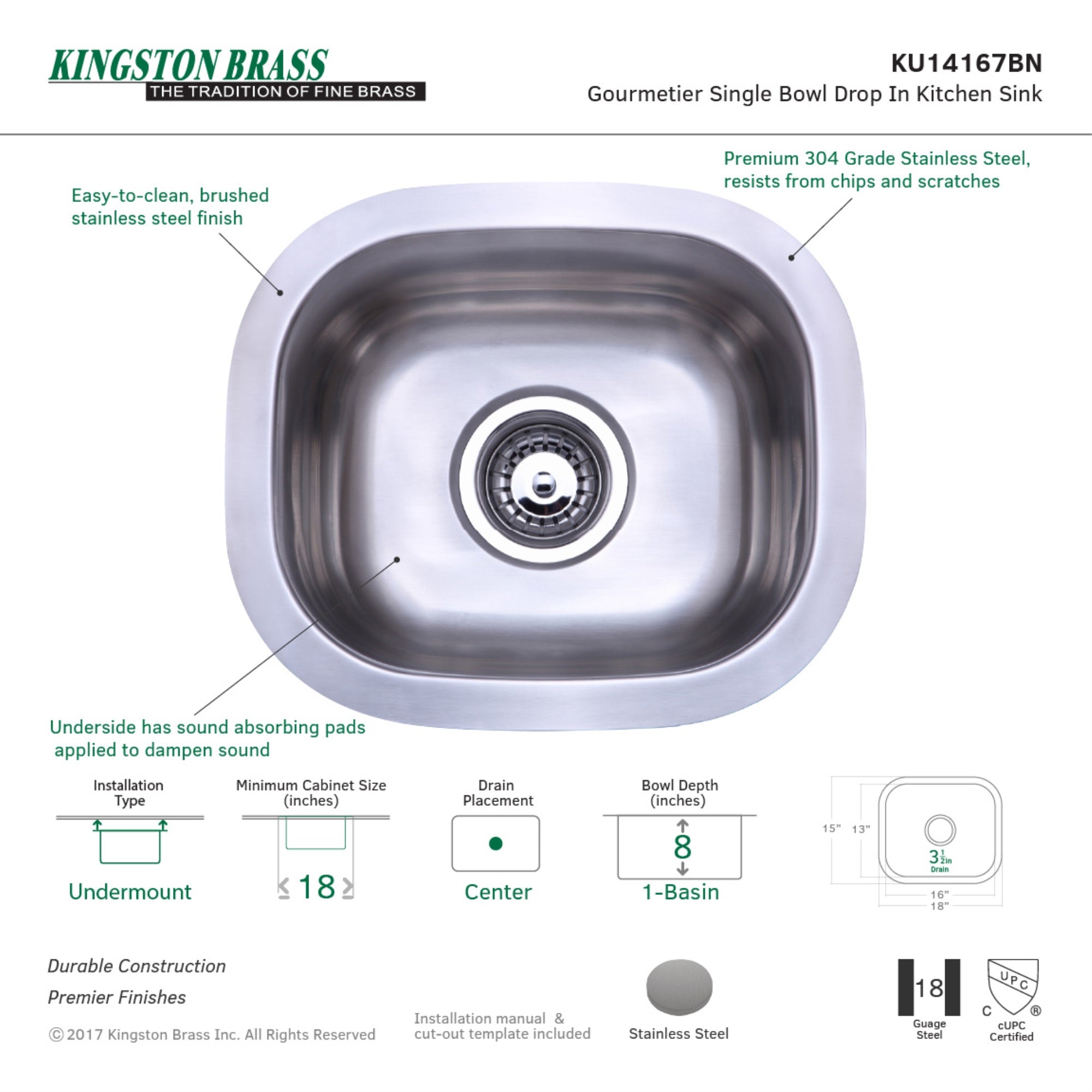 Gourmetier KU14167BN Undermount Single Bowl Kitchen Sink  Brushed