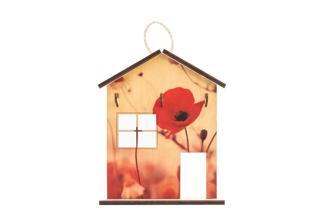 Krea-Wood  house shaped key holder, poppy flower design, birch wood