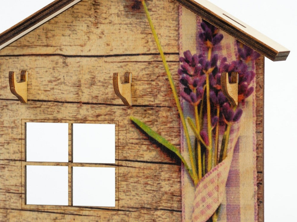 Krea-Wood  house shaped key holder, lavender design, birch wood