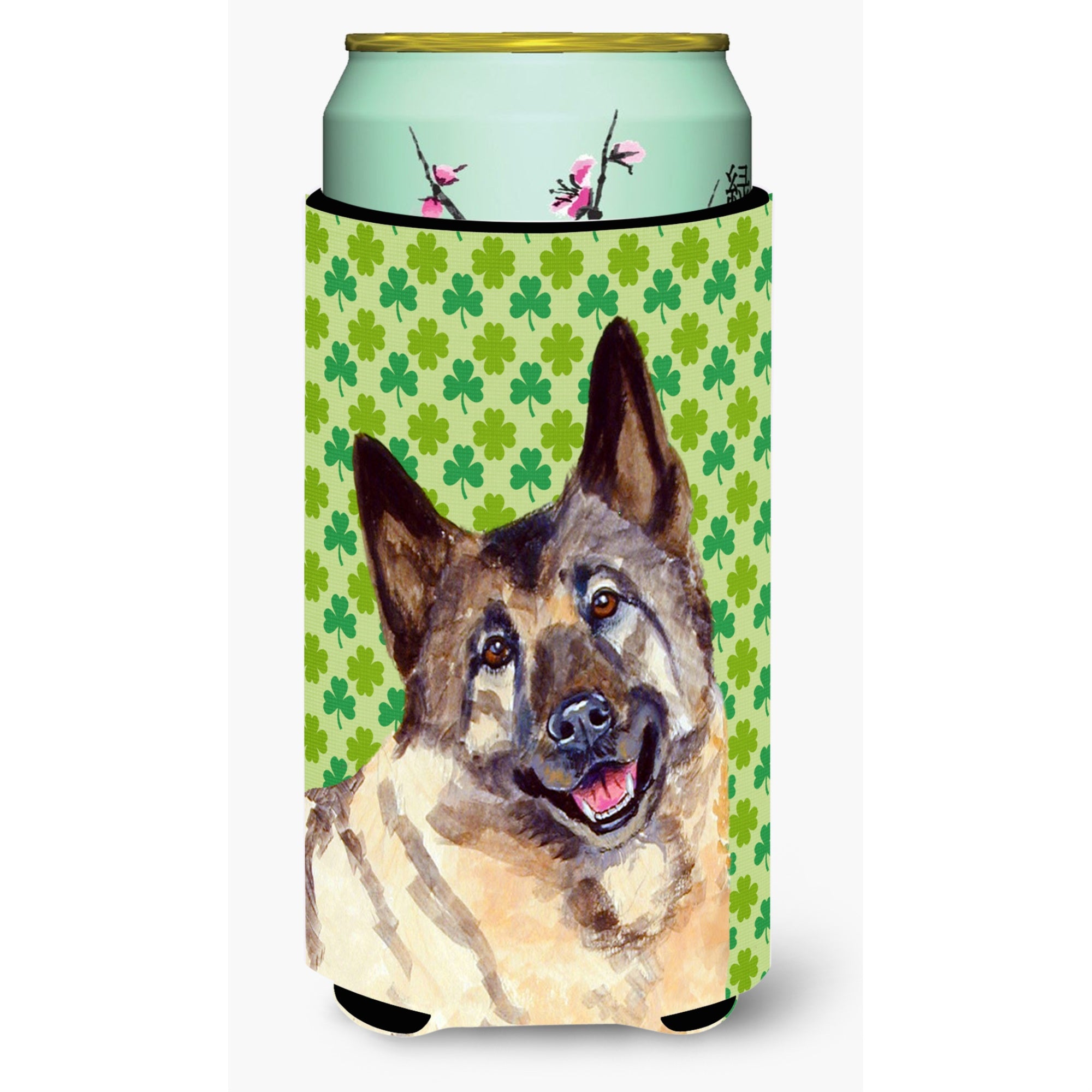 Norwegian Elkhound St. Patricks Day Shamrock Portrait  Tall Boy Beverage Insulator Beverage Insulator Hugger