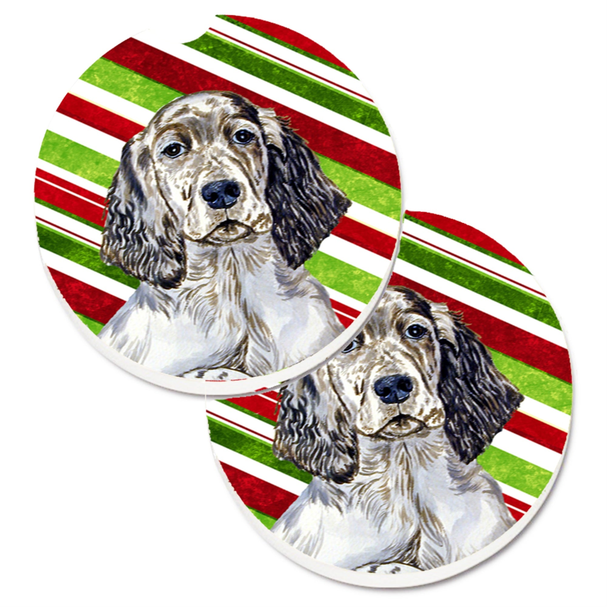 'Caroline'S Treasures English Setter Candy Cane Holiday Christmas Set Of 2 Cup Holder Car Coasters Lh9232Carc, 2.56, Multicolor
