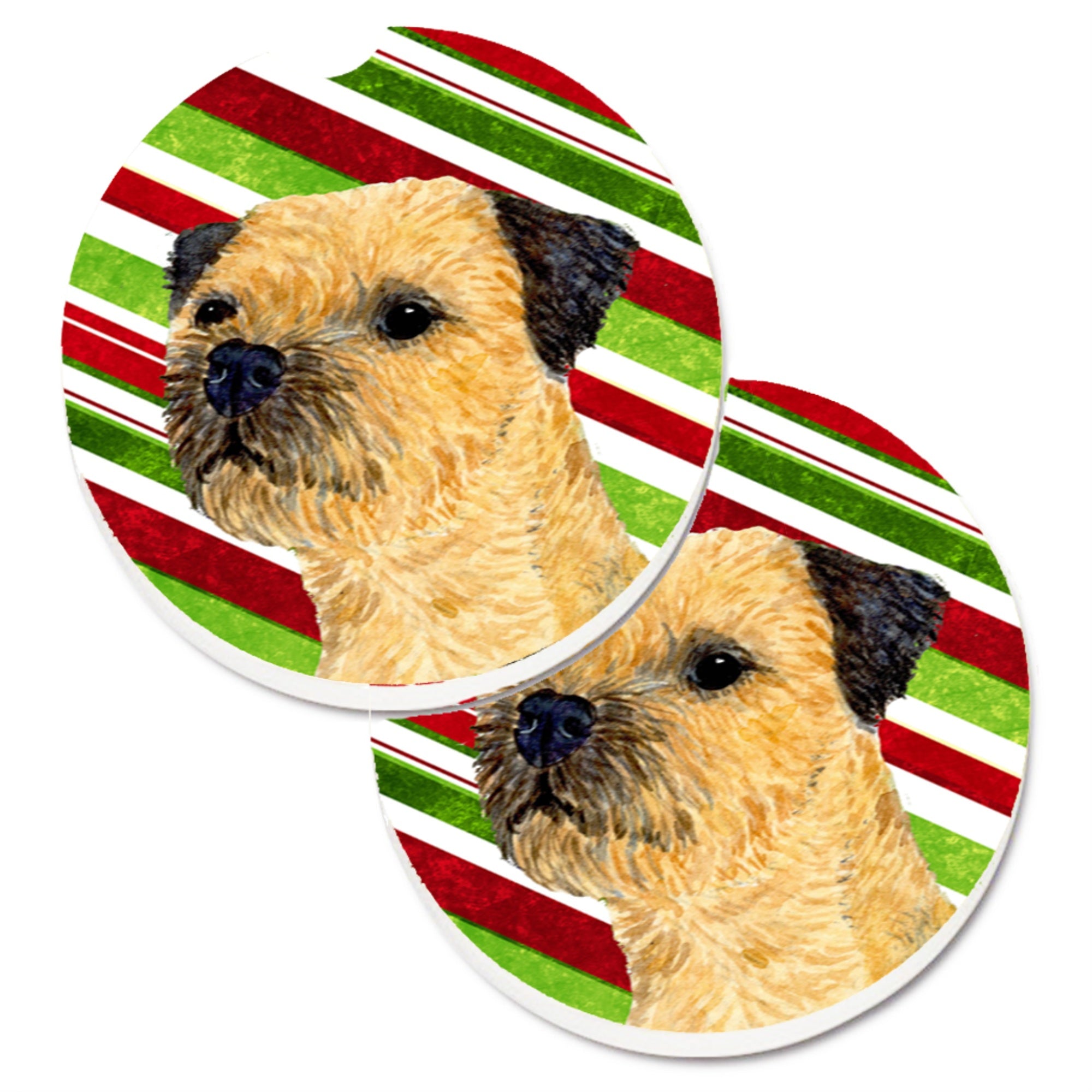 'Caroline'S Treasures Border Terrier Candy Cane Holiday Christmas Set Of 2 Cup Holder Car Coasters Lh9233Carc, 2.56, Multicolor