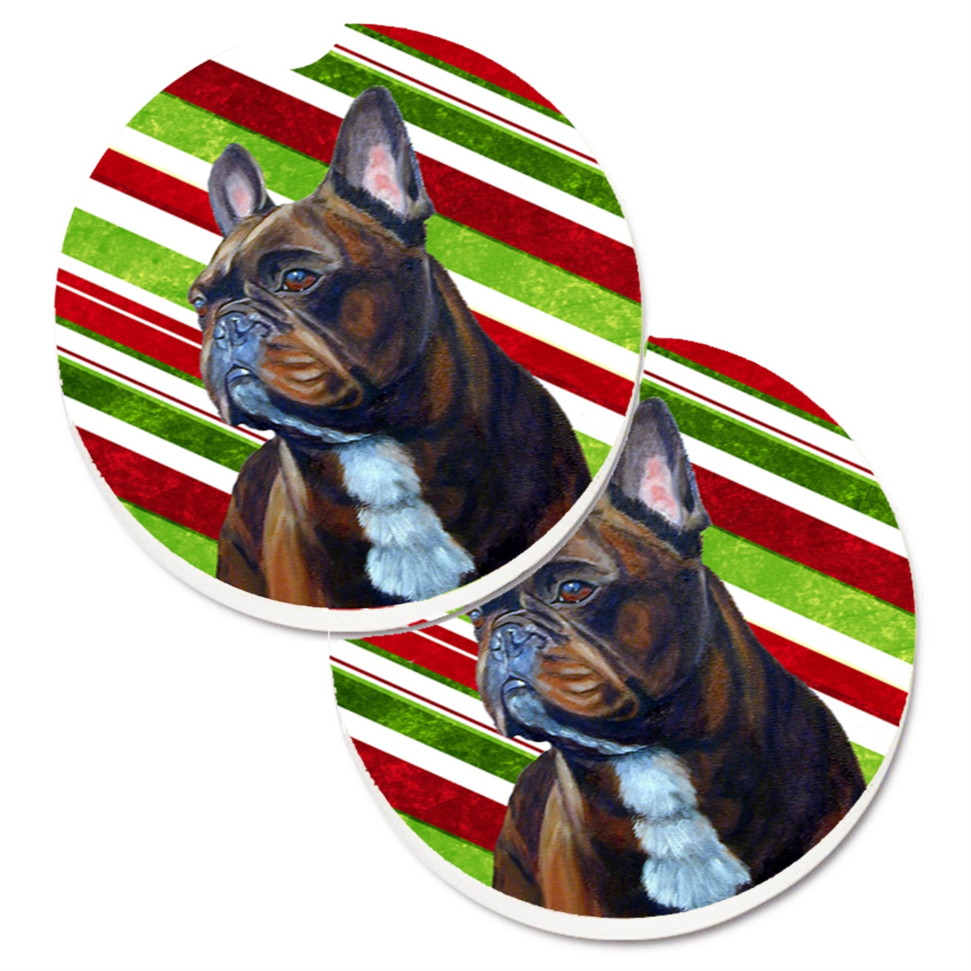 'Caroline'S Treasures French Bulldog Candy Cane Holiday Christmas Set Of 2 Cup Holder Car Coasters Lh9250Carc, 2.56, Multicolor