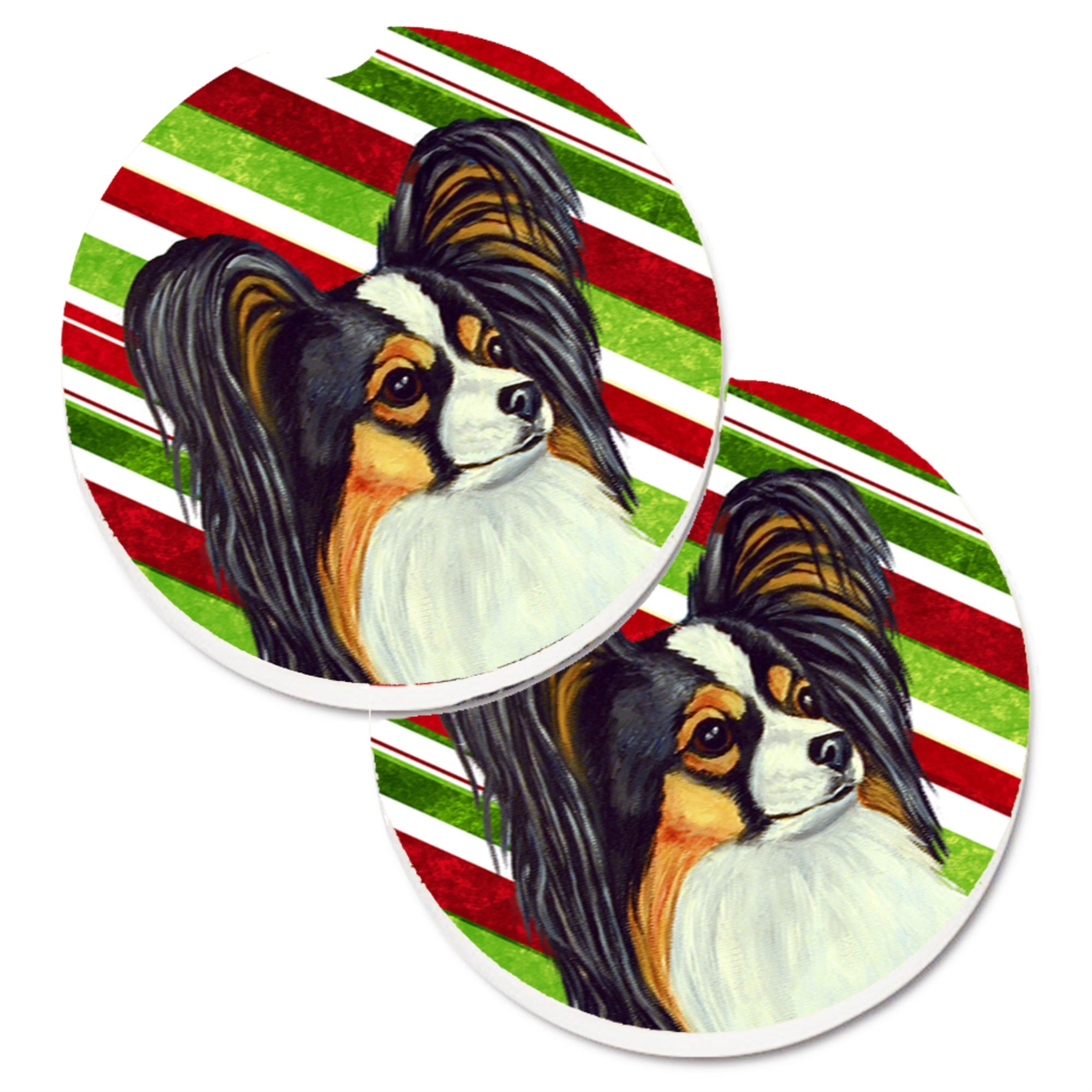 'Caroline'S Treasures Papillon Candy Cane Holiday Christmas Set Of 2 Cup Holder Car Coasters Lh9255Carc, 2.56, Multicolor''