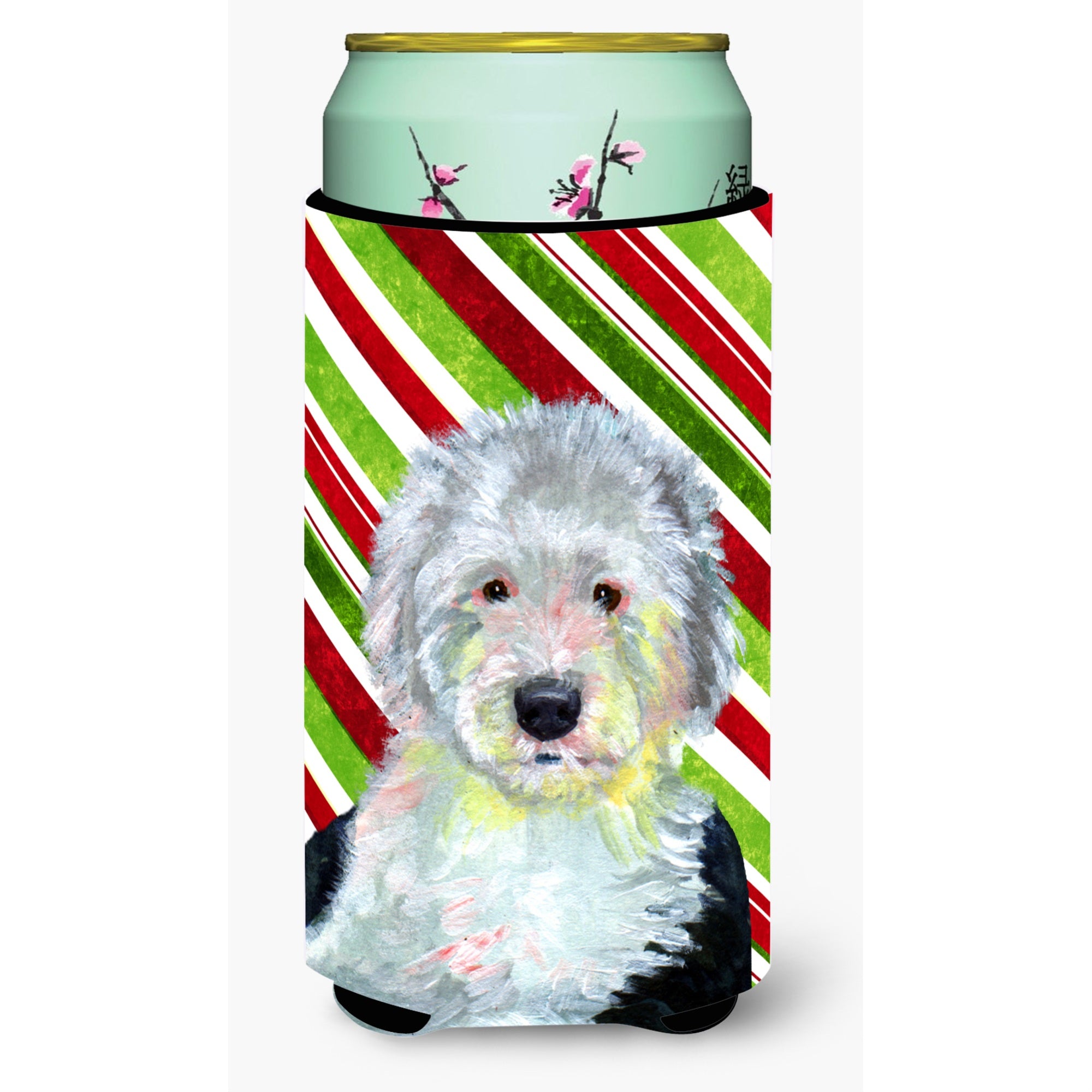 Old English Sheepdog Candy Cane Holiday Christmas  Tall Boy Beverage Insulator Beverage Insulator Hugger