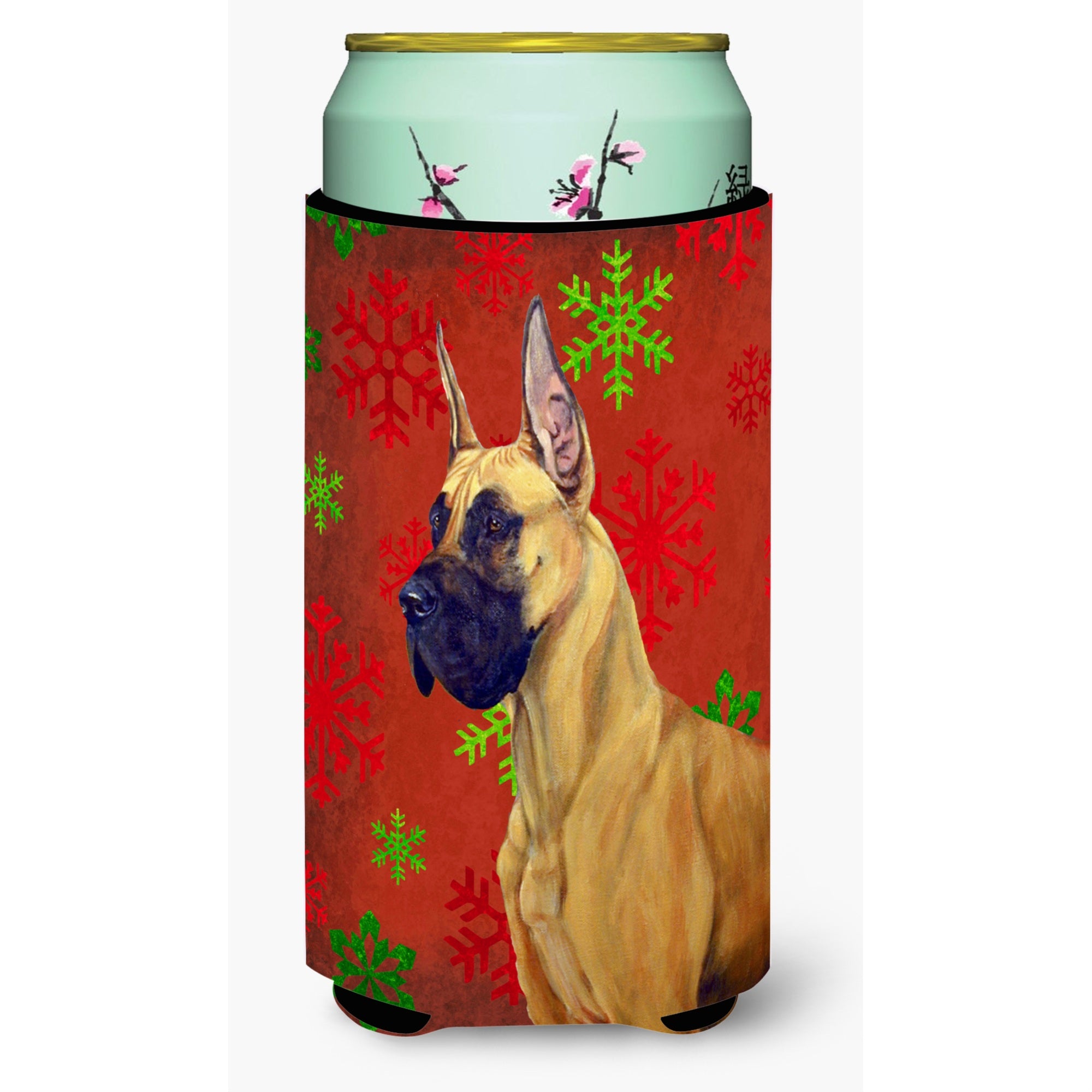 Great Dane Red And Green Snowflakes Holiday Christmas  Tall Boy Beverage Insulator Beverage Insulator Hugger