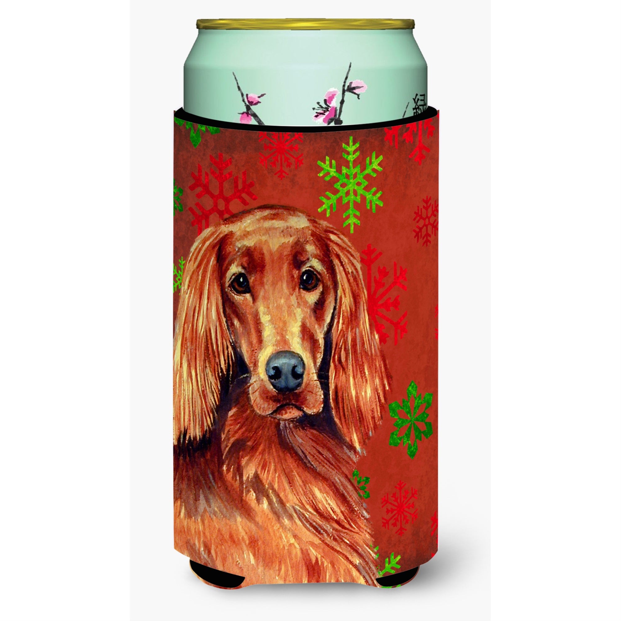 Irish Setter Red And Green Snowflakes Holiday Christmas  Tall Boy Beverage Insulator Beverage Insulator Hugger