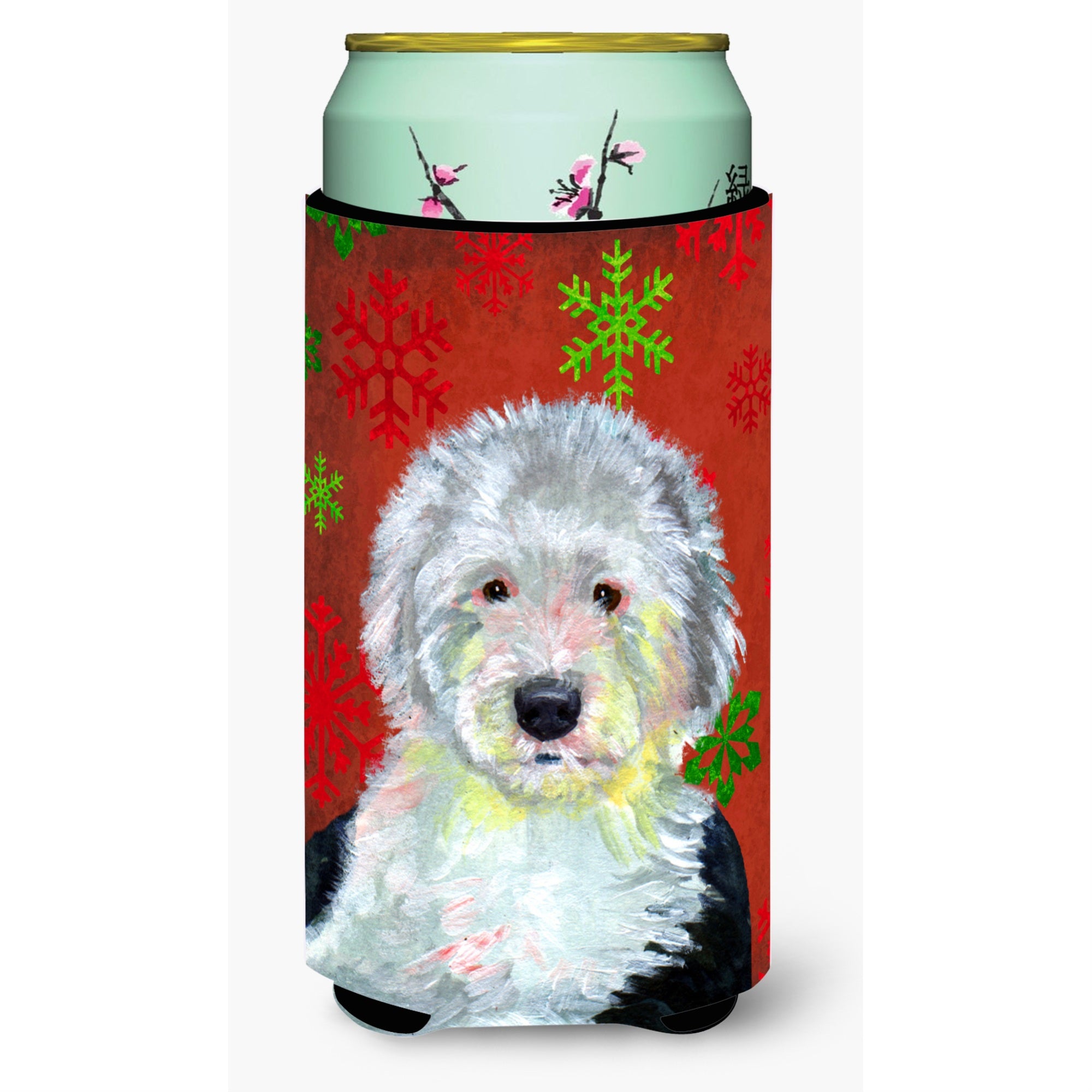 Old English Sheepdog Snowflakes Holiday Christmas  Tall Boy Beverage Insulator Beverage Insulator Hugger