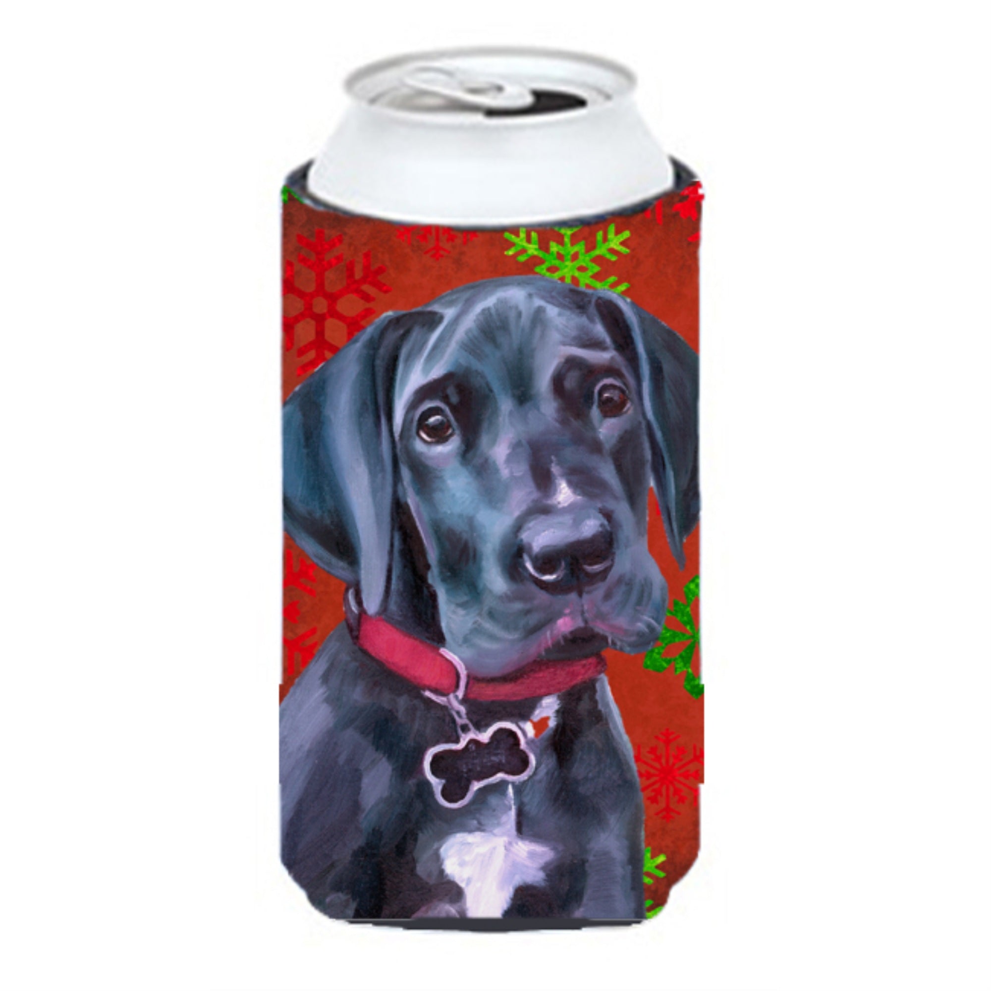Black Great Dane Puppy Red Snowflakes Holiday Christmas Tall Boy Beverage Insulator Hugger Lh9579Tbc