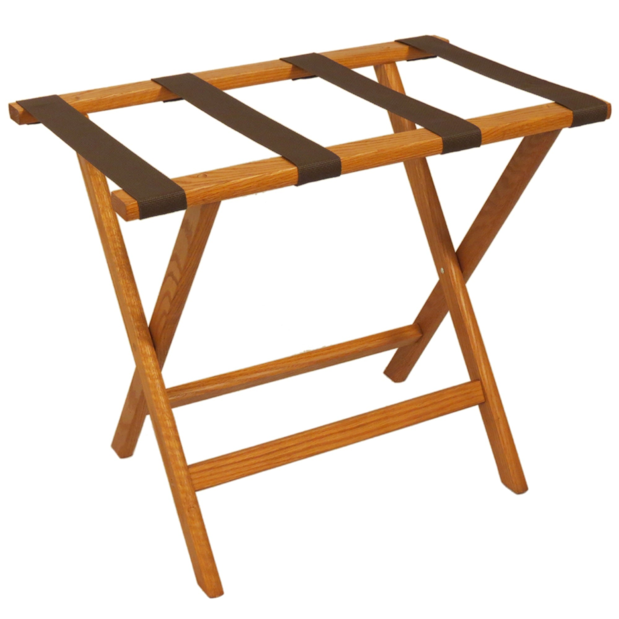 Wooden Mallet Deluxe Straight Leg Luggage Rack, Brown Straps, Medium Oak