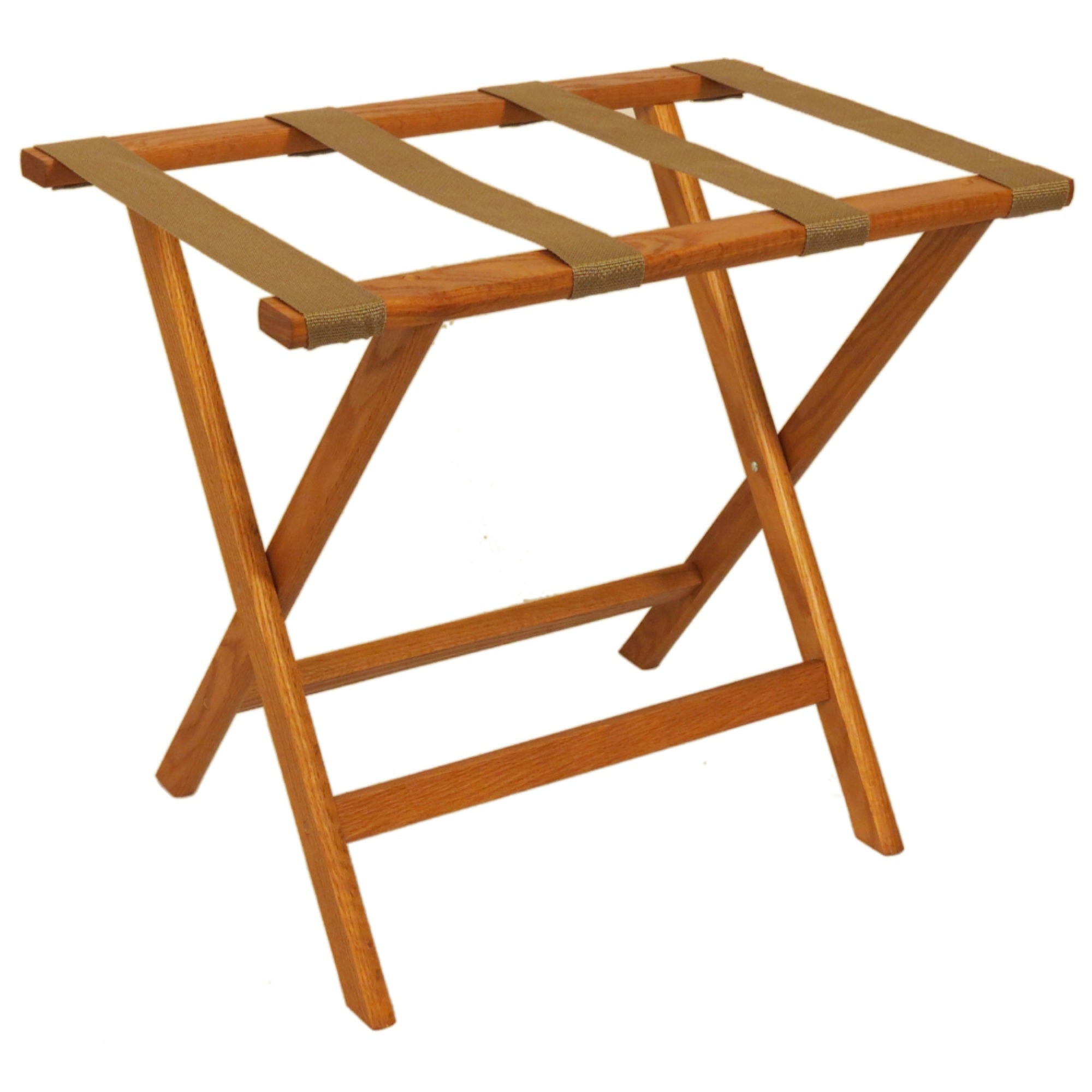 Wooden Mallet Deluxe Straight Leg Luggage Rack, Tan Straps, Medium Oak