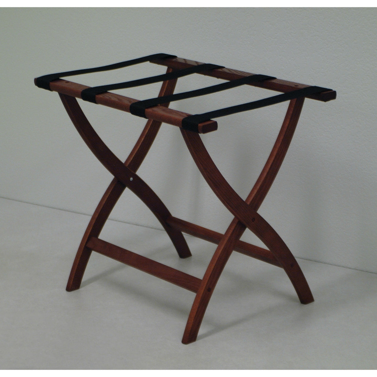 Wooden Mallet Designer Curve Leg Luggage Rack, Black Straps, Mahogany
