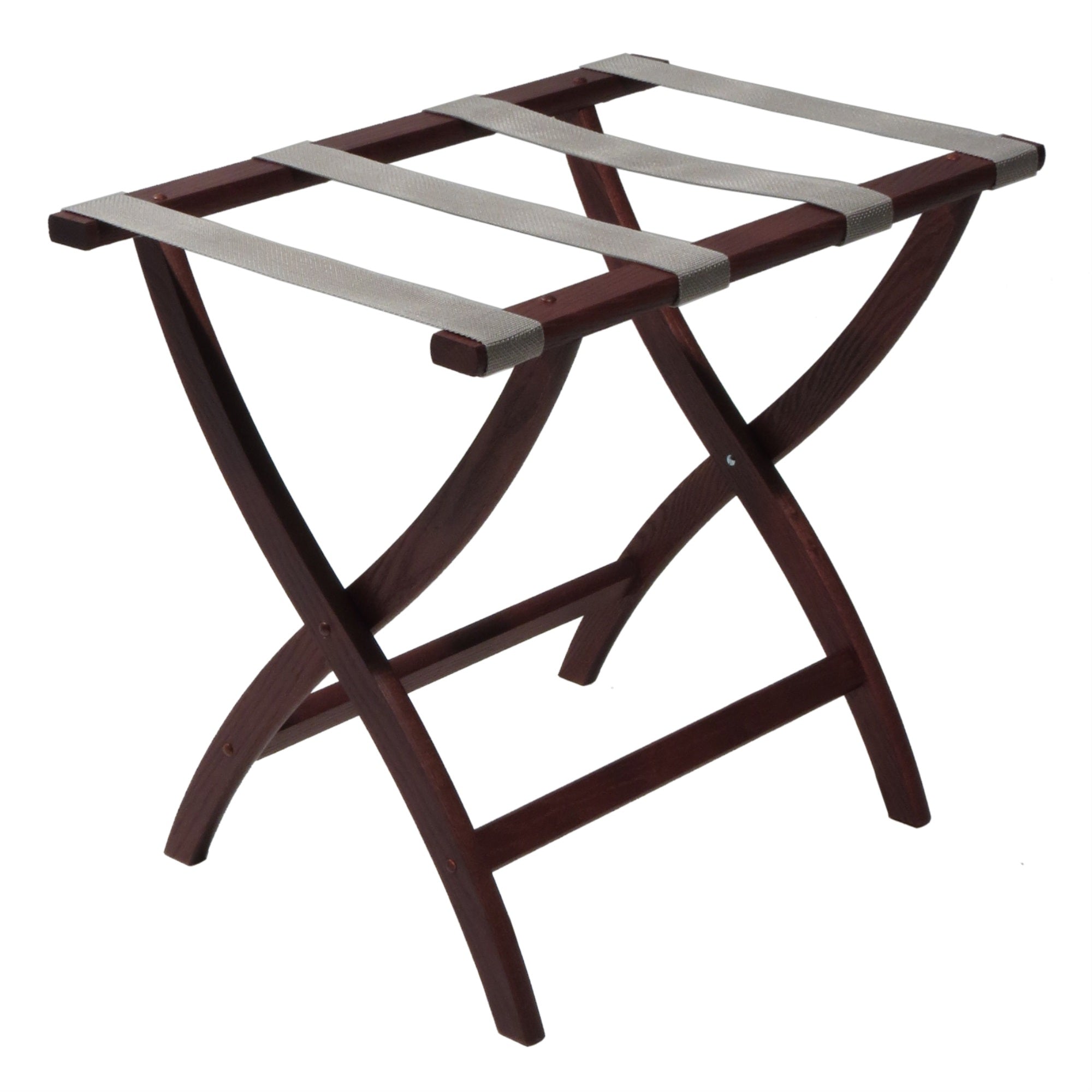 Wooden Mallet Designer Curve Leg Luggage Rack, Grey Straps, Mahogany