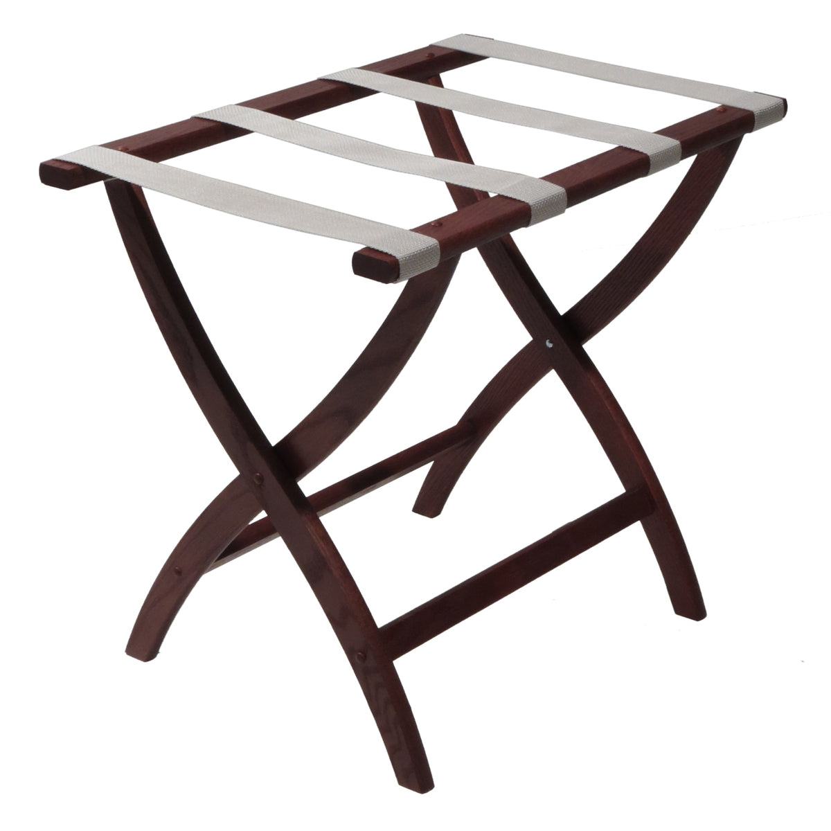 Wooden Mallet Designer Curve Leg Luggage Rack, Silver Straps, Mahogany