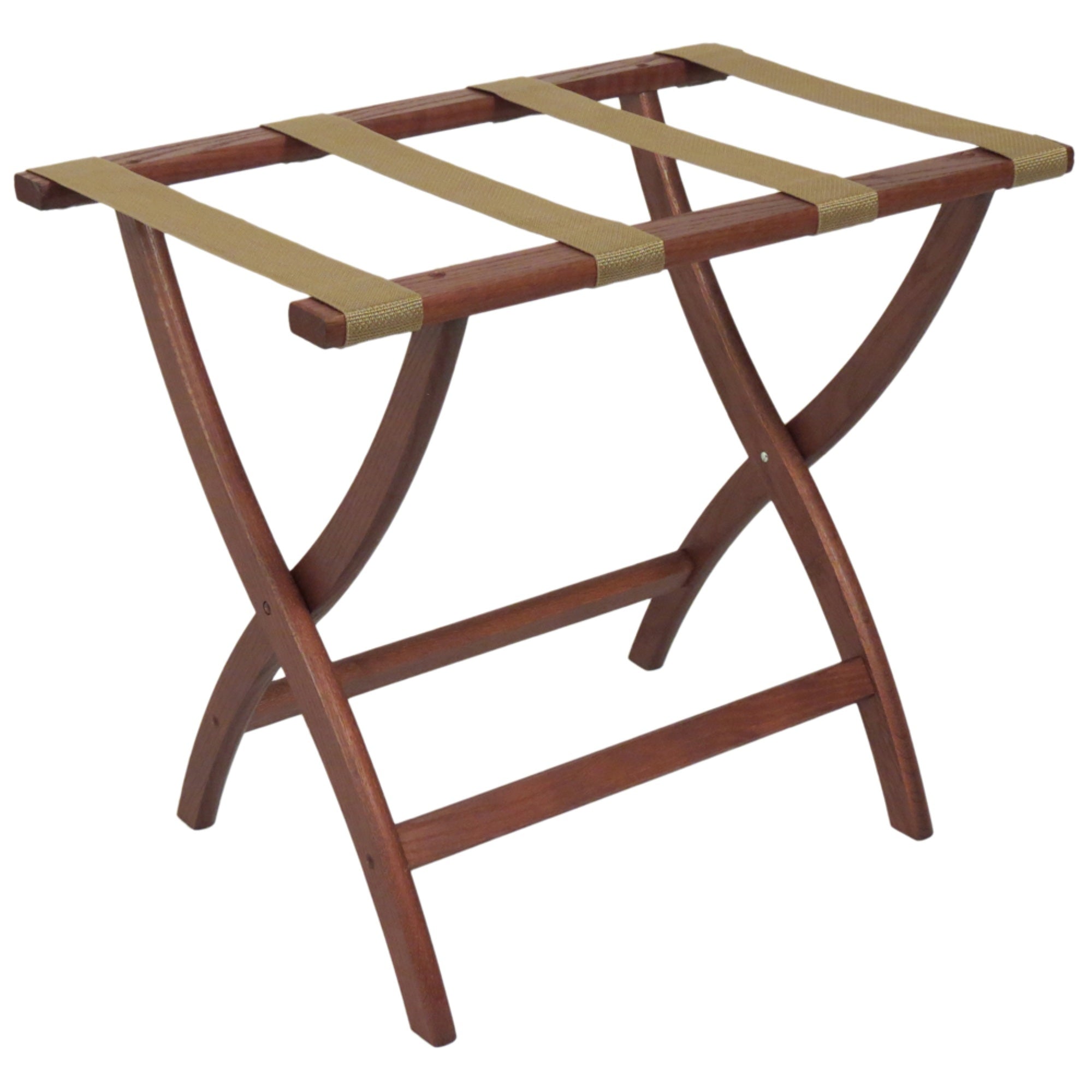 Wooden Mallet Designer Curve Leg Luggage Rack, Tan Straps, Mahogany