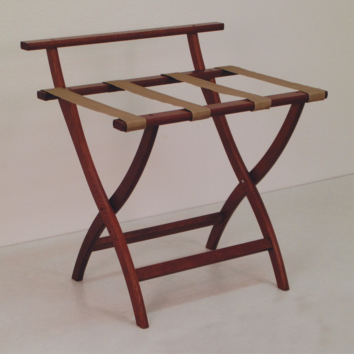 Wooden Mallet Wallsaver Luggage Rack, Tan Straps, Mahogany