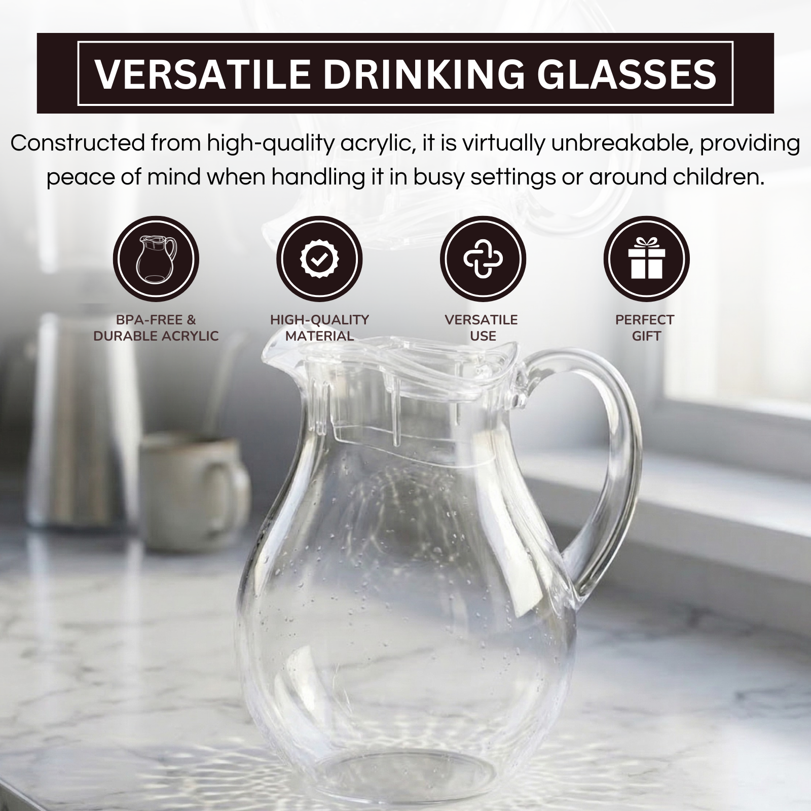 Acrylic Pitcher With Lid – 2 Liter Large Plastic Water Jug for Fridge