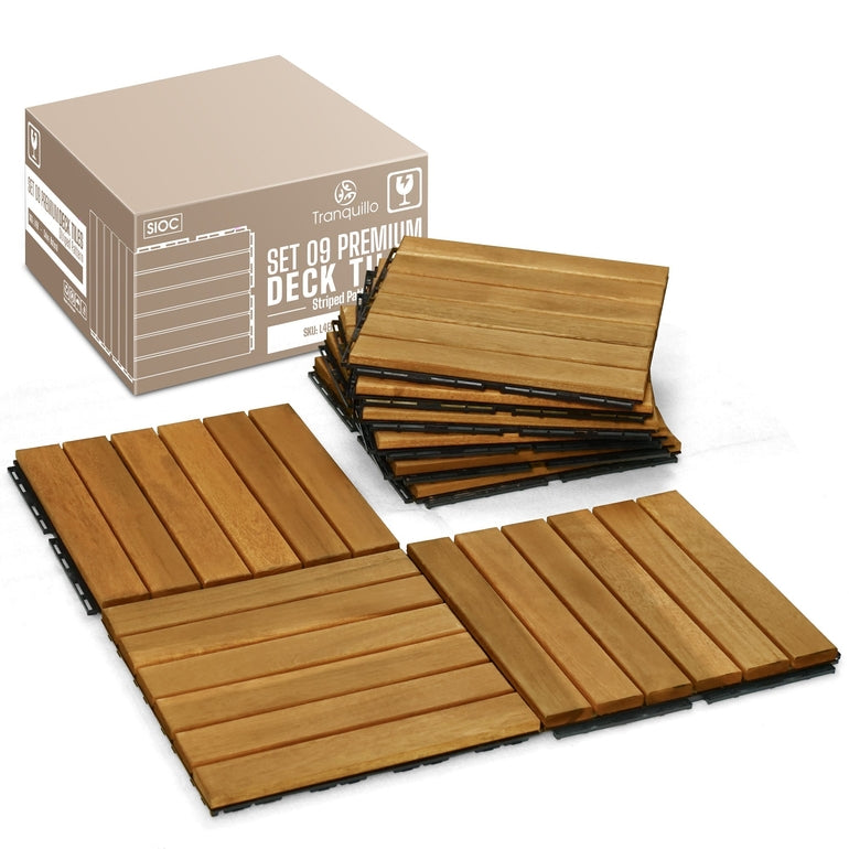 Tranquillo Acacia Deck Tiles 6 Slat Interlocking Decking Tiles set 9 – Indoor & Outdoor Flooring