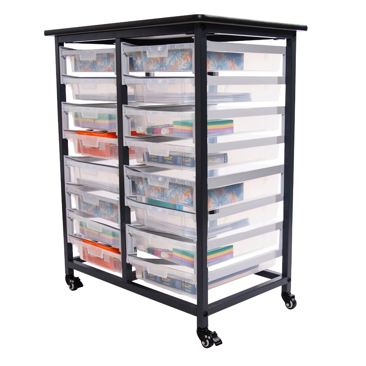 Mobile Bin Storage Unit - Double Row with Small Clear Bins
