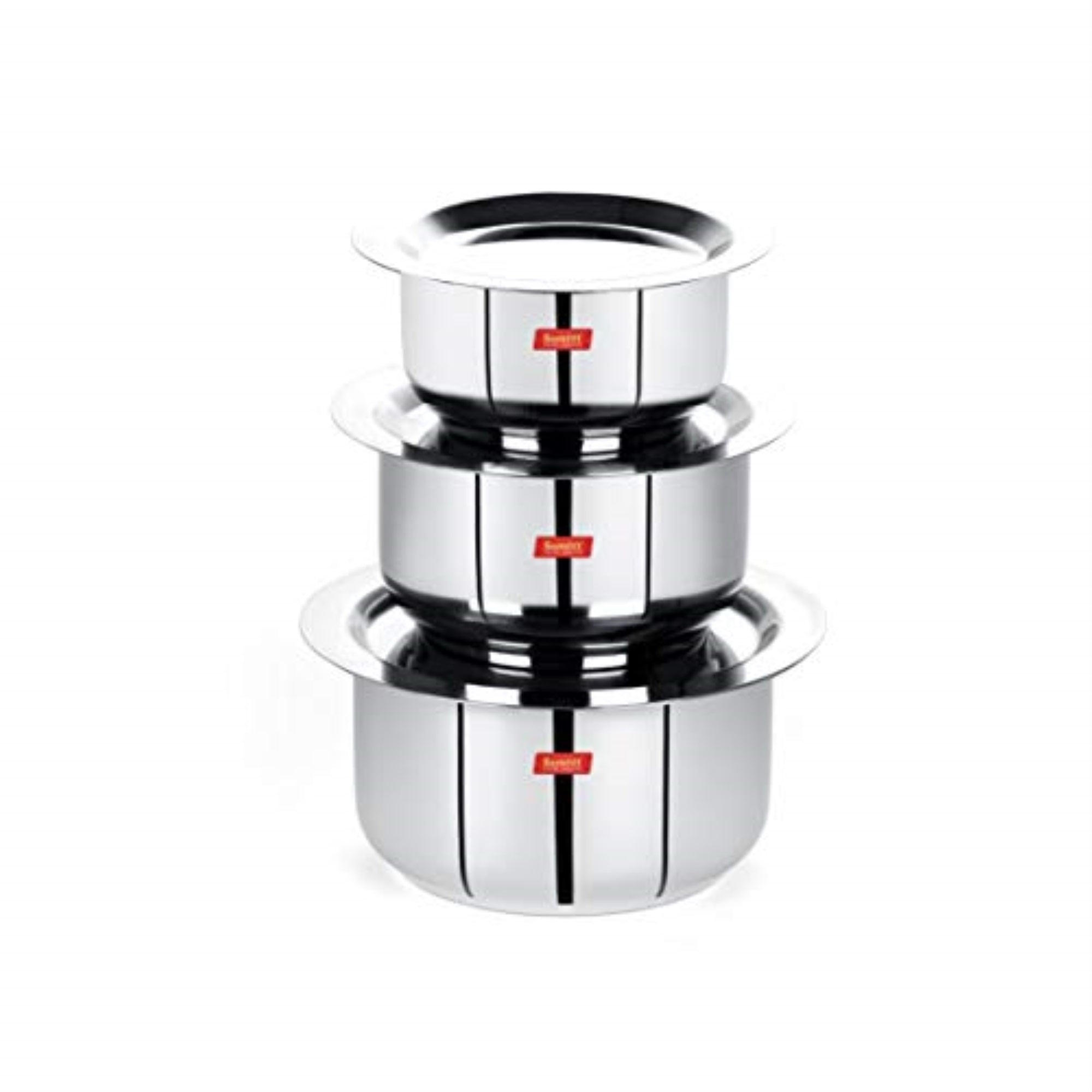Sumeet Stainless Steel Mini Size Flat Bottom Induction & Gas Stove Friendly Tope / Patila / Cookware Set of 3Pcs with Lids (370M