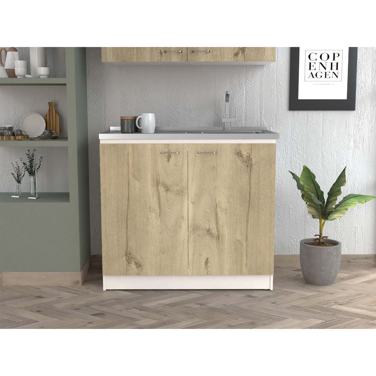 Tuhome Napoles Utility Sink, Two Shelves, Two-Door Cabinet, Countertop- White/Light Oak, For Kitchen Room