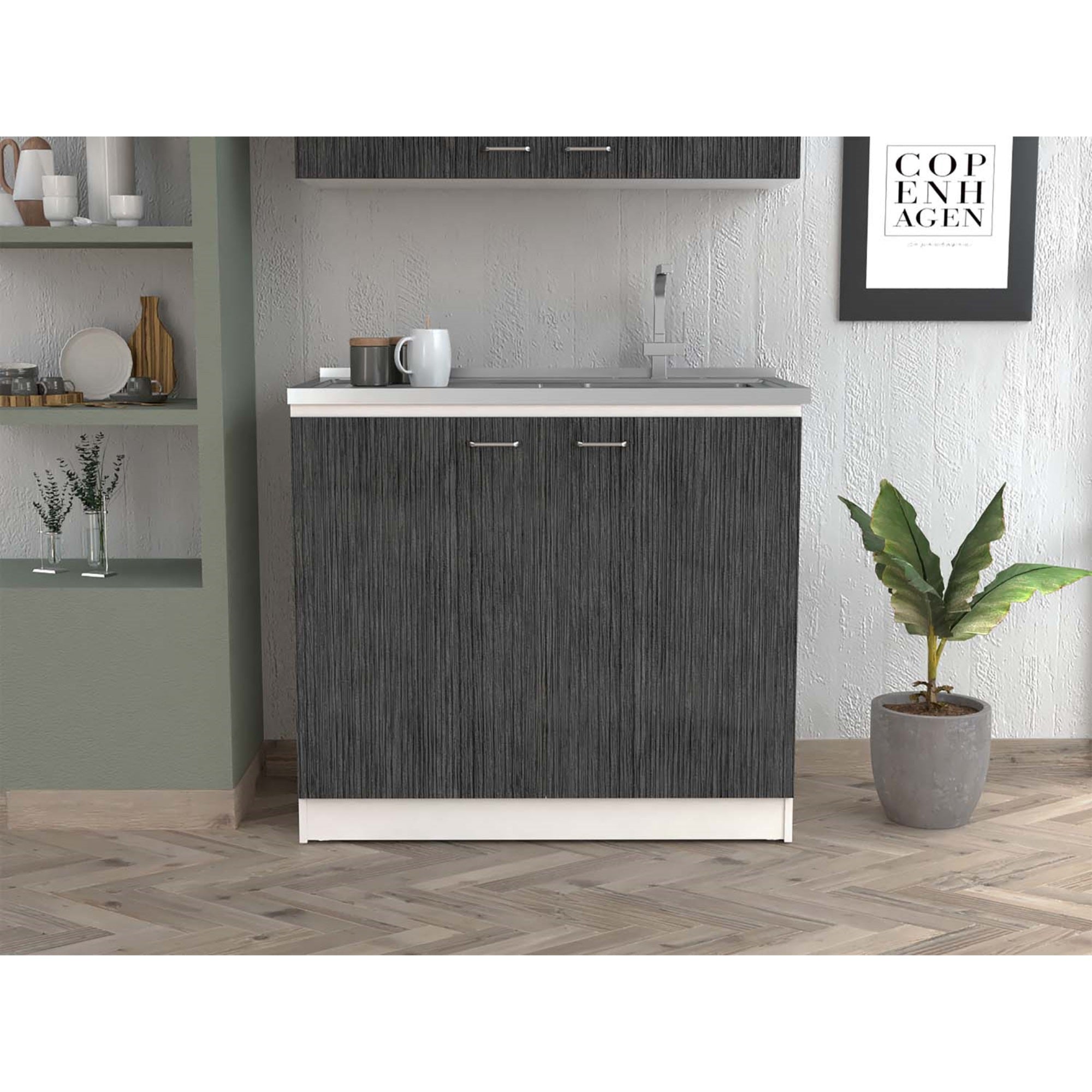 Tuhome Napoles Utility Sink, Two Shelves, Two-Door Cabinet, Countertop- White/Smoky Oak, For Kitchen Room