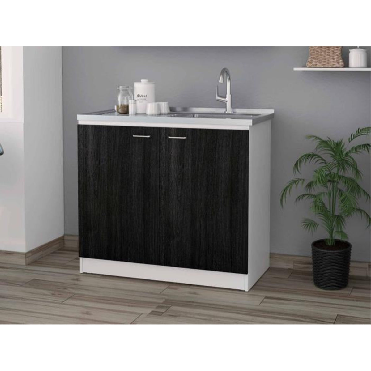 Tuhome Napoles Utility Sink With Cabinet, Aluminium Countertop, Two-Door Cabinet, Metal Handle, Sink, Two Shelves, Black, For Ki