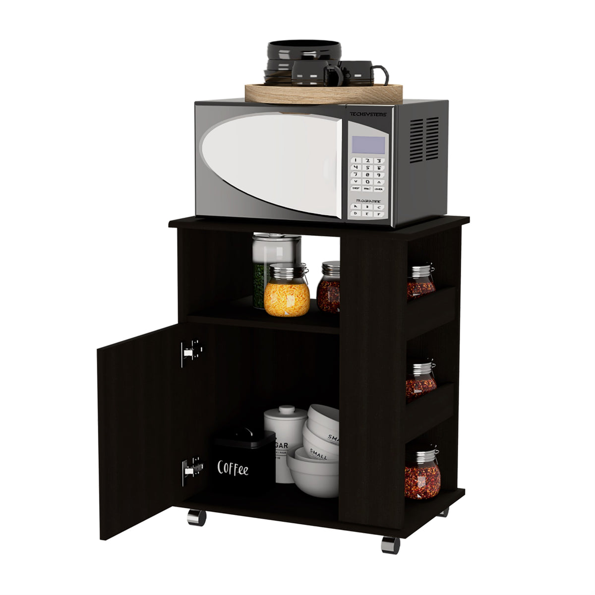 Tuhome Kit Lower Microwave Cabinet, One-Door Cabinet, Three Lateral Shelves, Two Internal Shelves, Countertop For Microwave, Bla