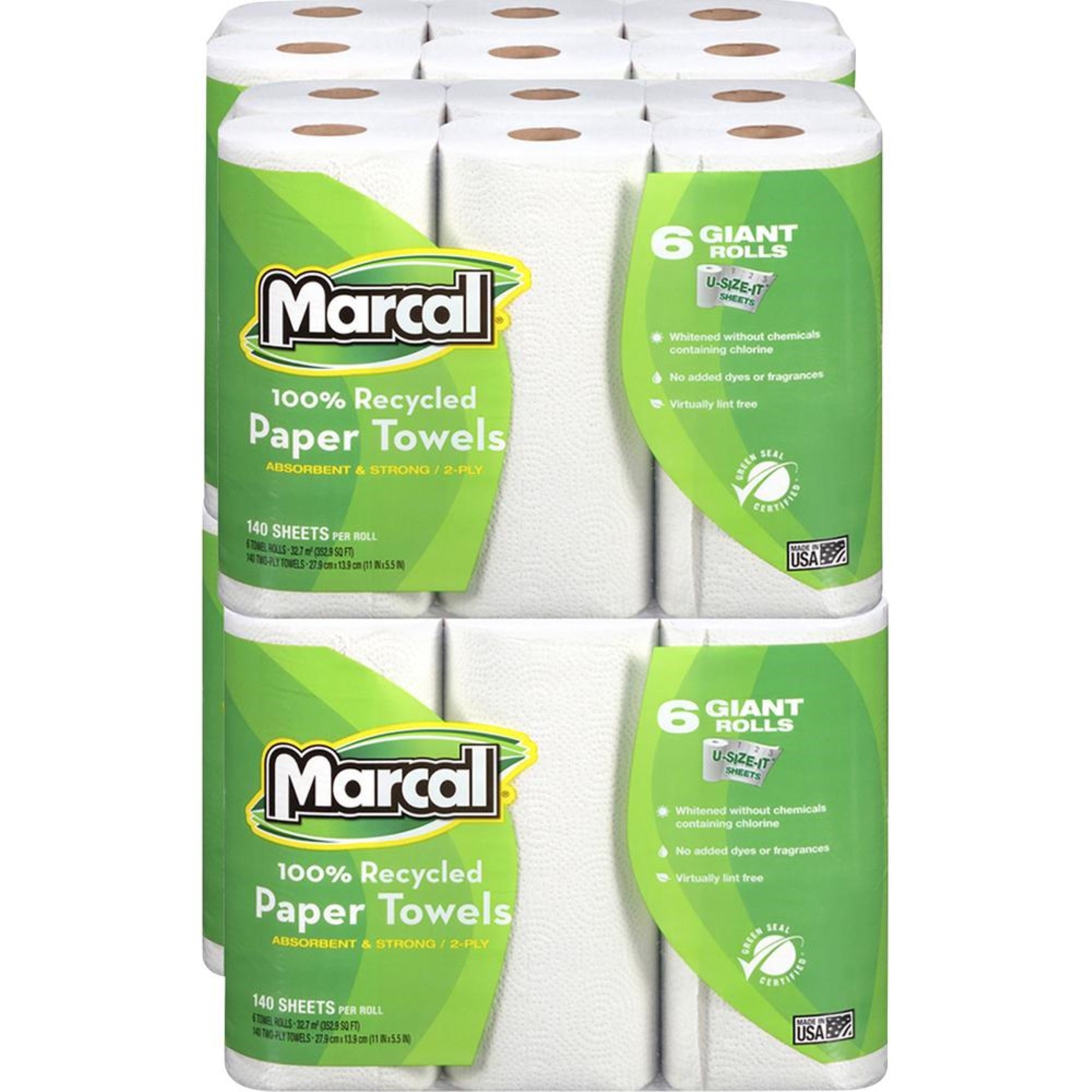 Marcal 100% Recycled, Giant Roll Paper Towels - 2 Ply - 140 Sheets/Roll - White - Perforated, Dye-Free, Fragrance-Free, Strong,