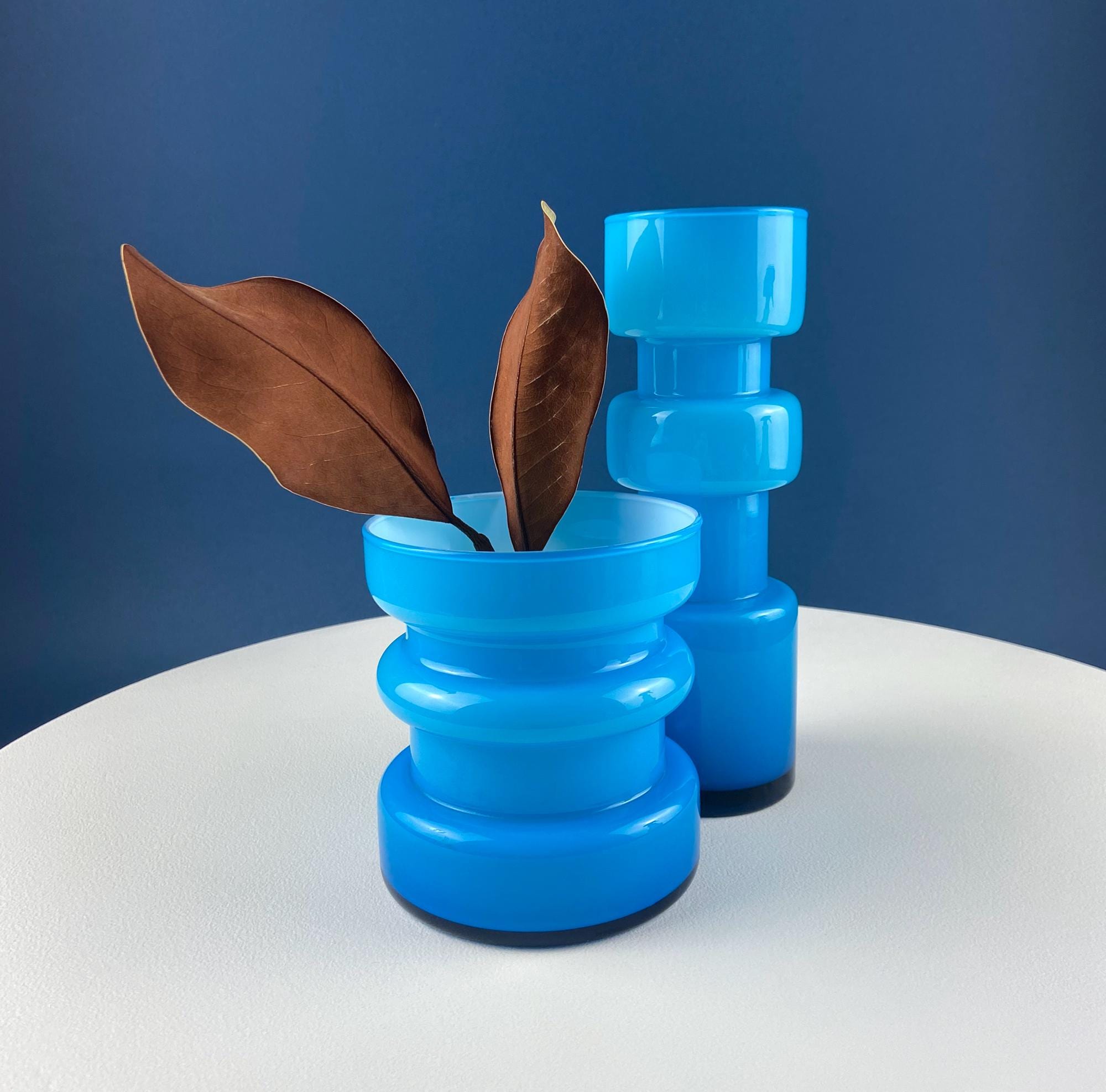 Set of 2 Modern Aqua Blue Geometrical Vases Ornamental Art Glass. Home Office or Retail Decor. Interior Design Ideas. Gift for Him or Her.