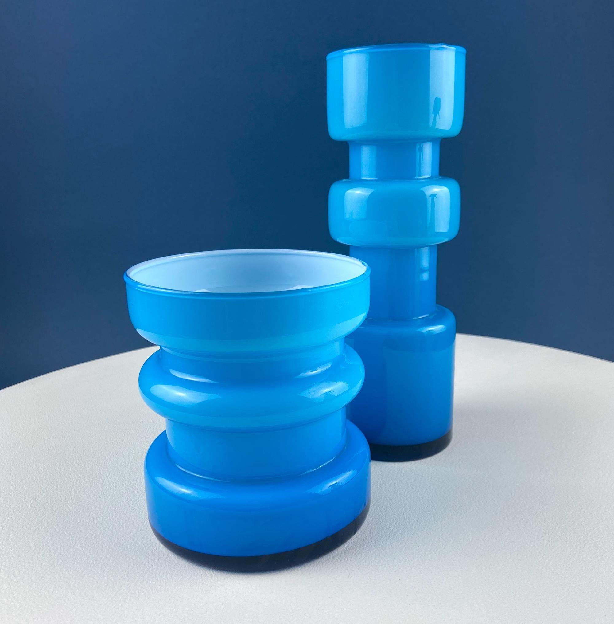 Set of 2 Modern Aqua Blue Geometrical Vases Ornamental Art Glass. Home Office or Retail Decor. Interior Design Ideas. Gift for Him or Her.
