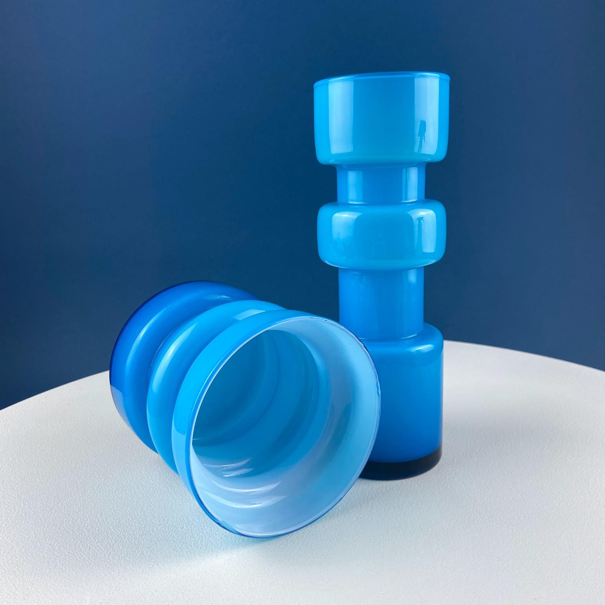 Set of 2 Modern Aqua Blue Geometrical Vases Ornamental Art Glass. Home Office or Retail Decor. Interior Design Ideas. Gift for Him or Her.