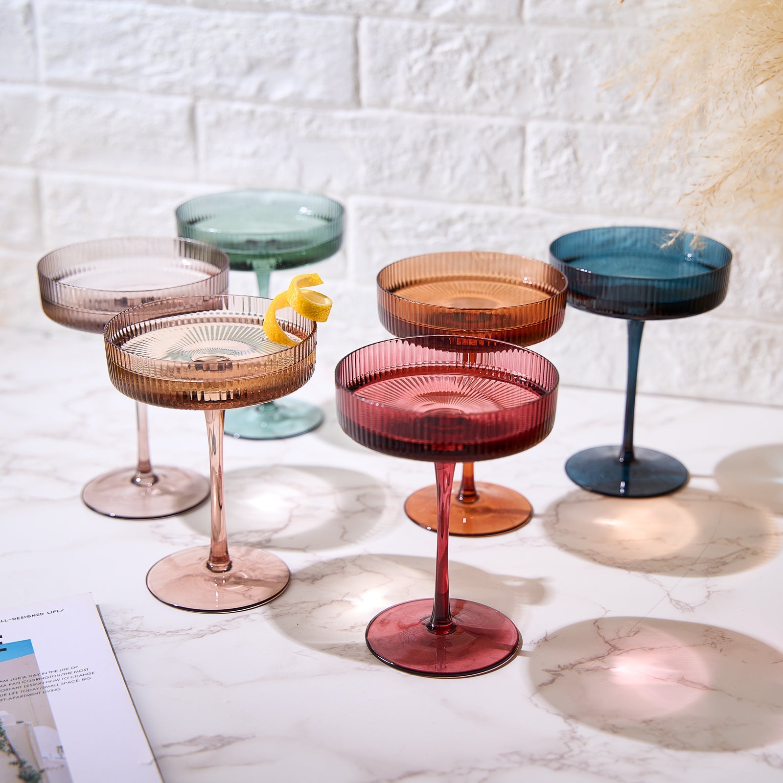 Tonal Ribbed Champagne Coupe, Cocktail Glassware, Set of 6