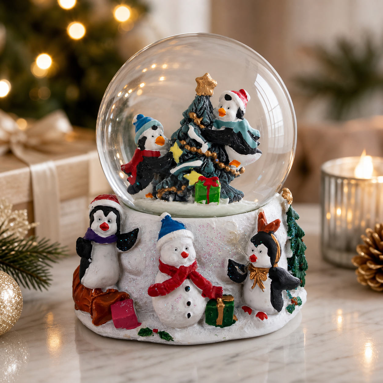 Penguins' Festive Tree Celebration Snow Water Globe