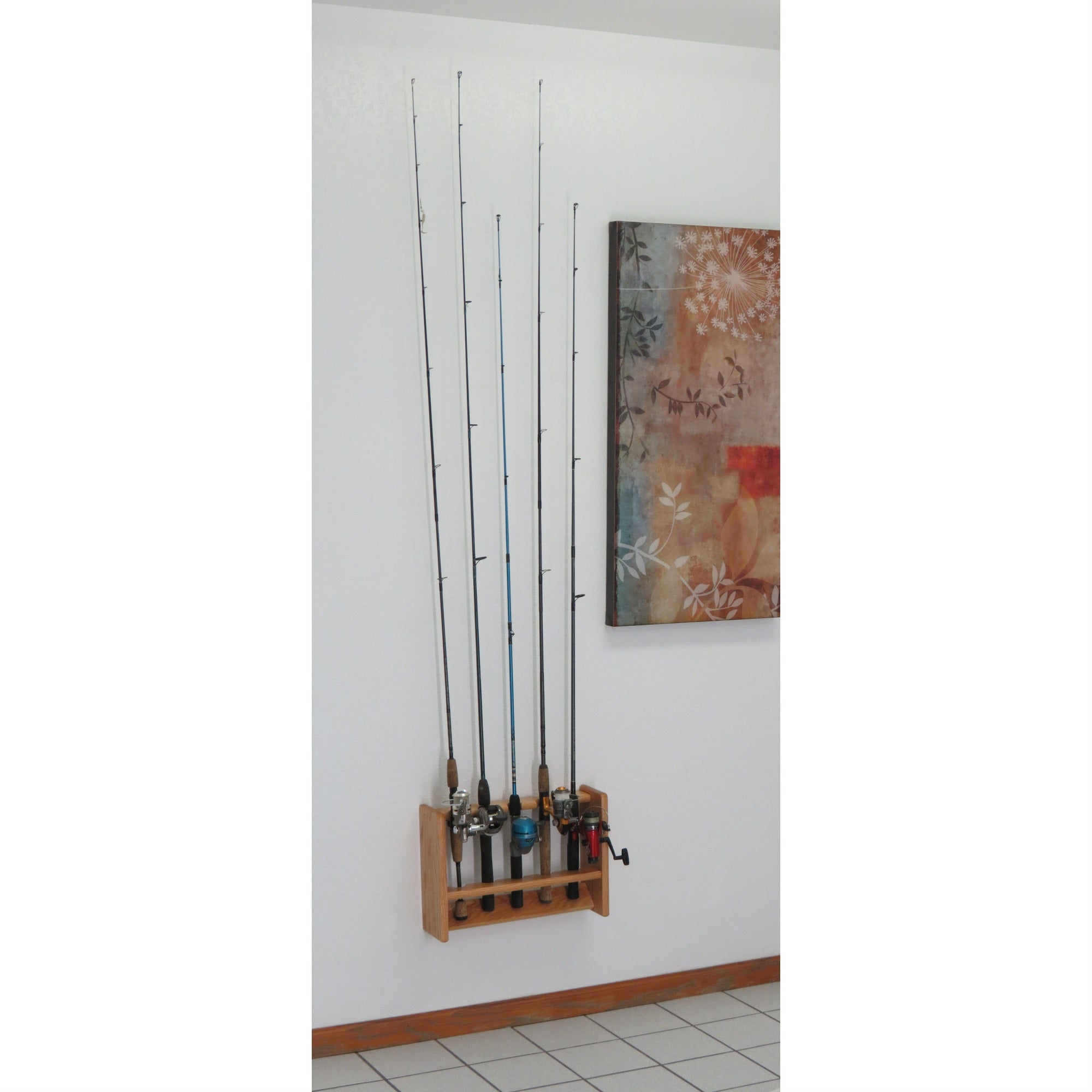 Wooden Mallet Fishing Rod Rack  5 Rod  Light Oak