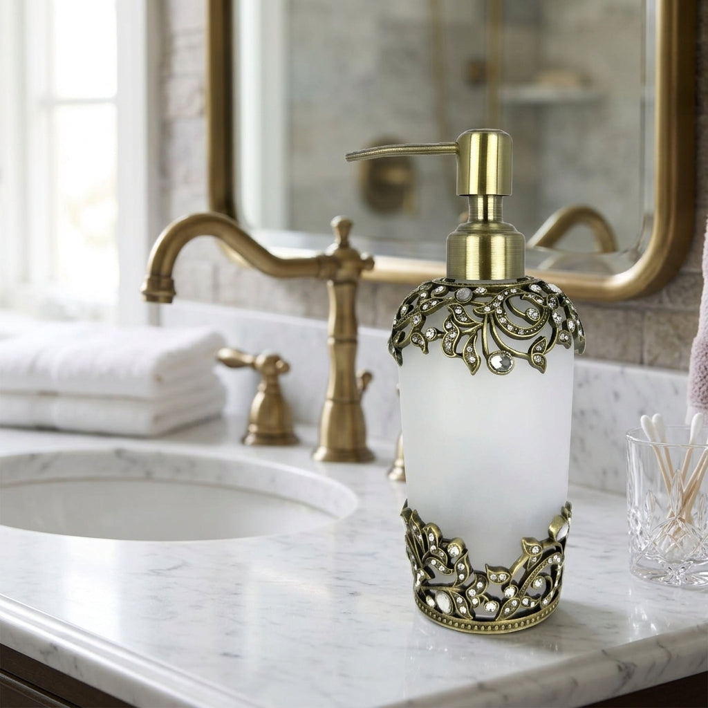 Soap Dispenser - Frosted Glass Bathroom Decor Item With Pewter Finish & Rhinestone Embellished