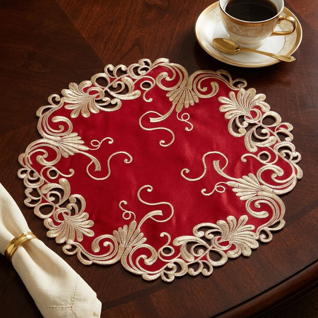Burgundy Gold Doilies – 15 Inch Polyester Embroidered Table Doilies | Chantelle Collection