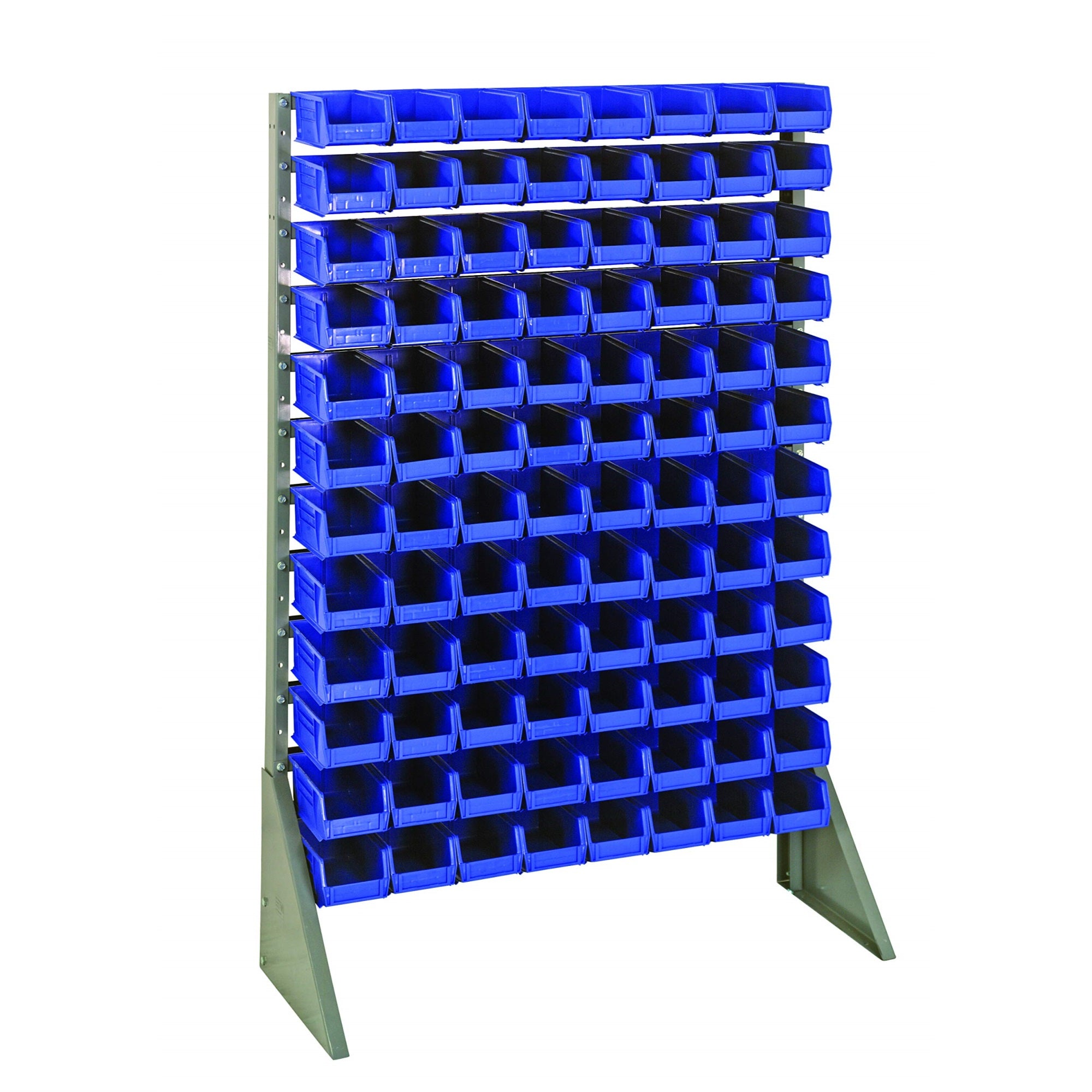 Rail Rack, Single Sided, 36L X 15W X 53H, 600 Lbs Load Capacity, Includes: (12) Rails And (96) Qus220 Blue Bins, Galvanized Stee